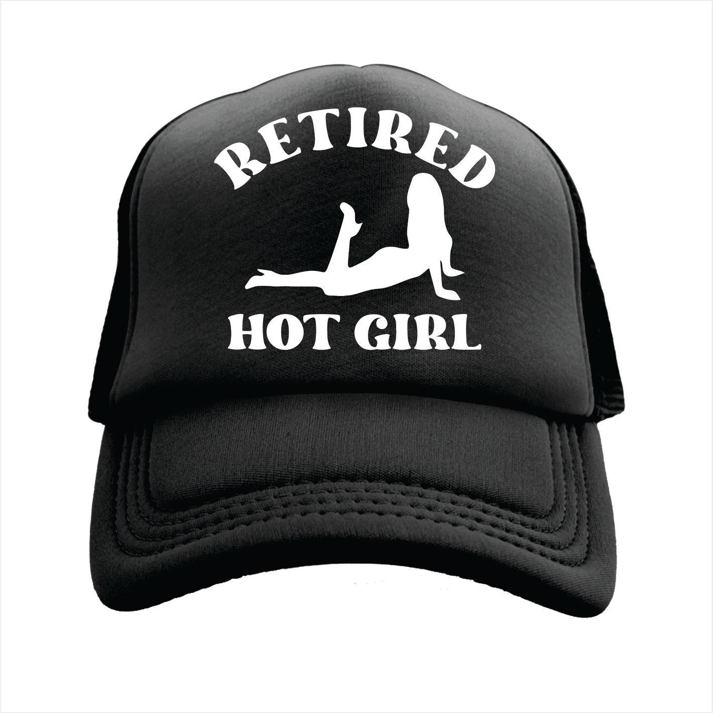 Black trucker hat cap with 'Retired Hot Girl' text and silhouette on a white background