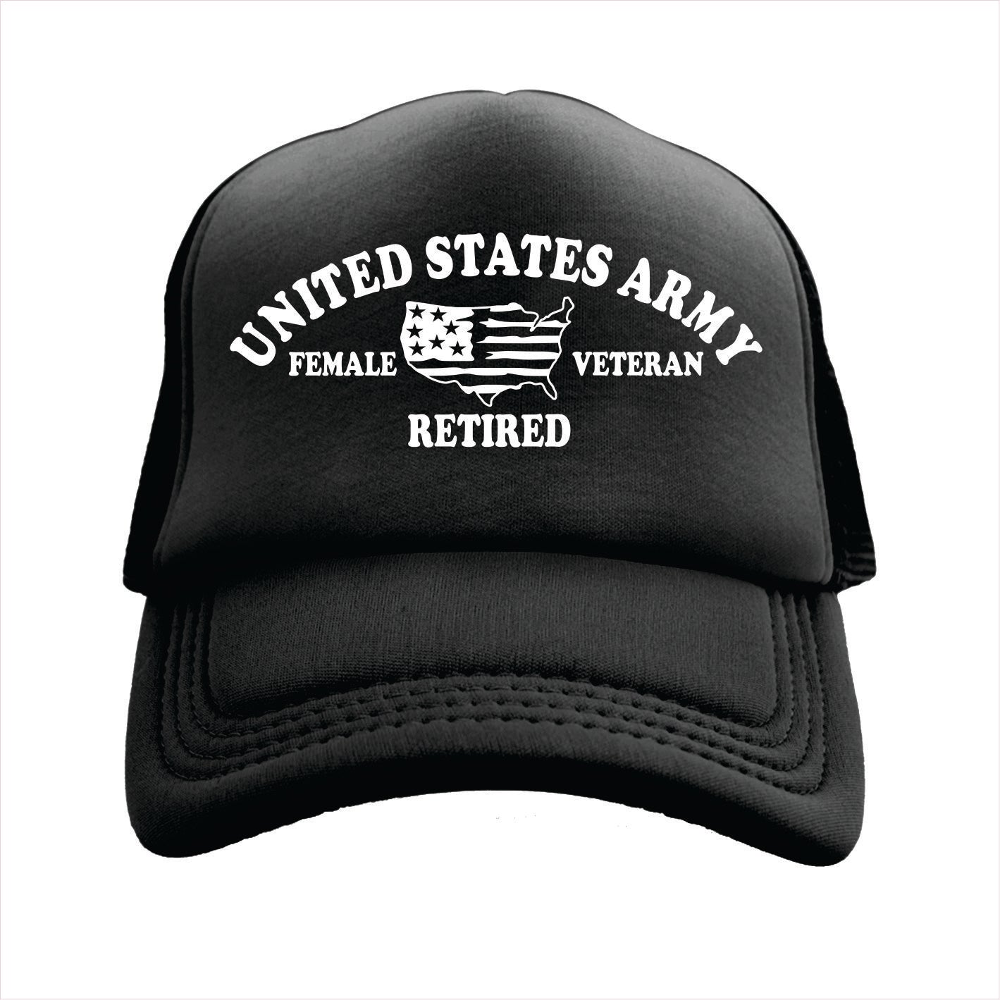 Black trucker hat cap with 'United States Army Female Veteran Retired' text and flag design on a white background