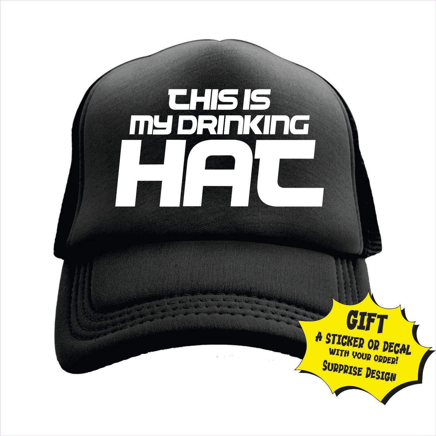 Black trucker hat cap with the text 'This is my drinking HAT' printed on the front.