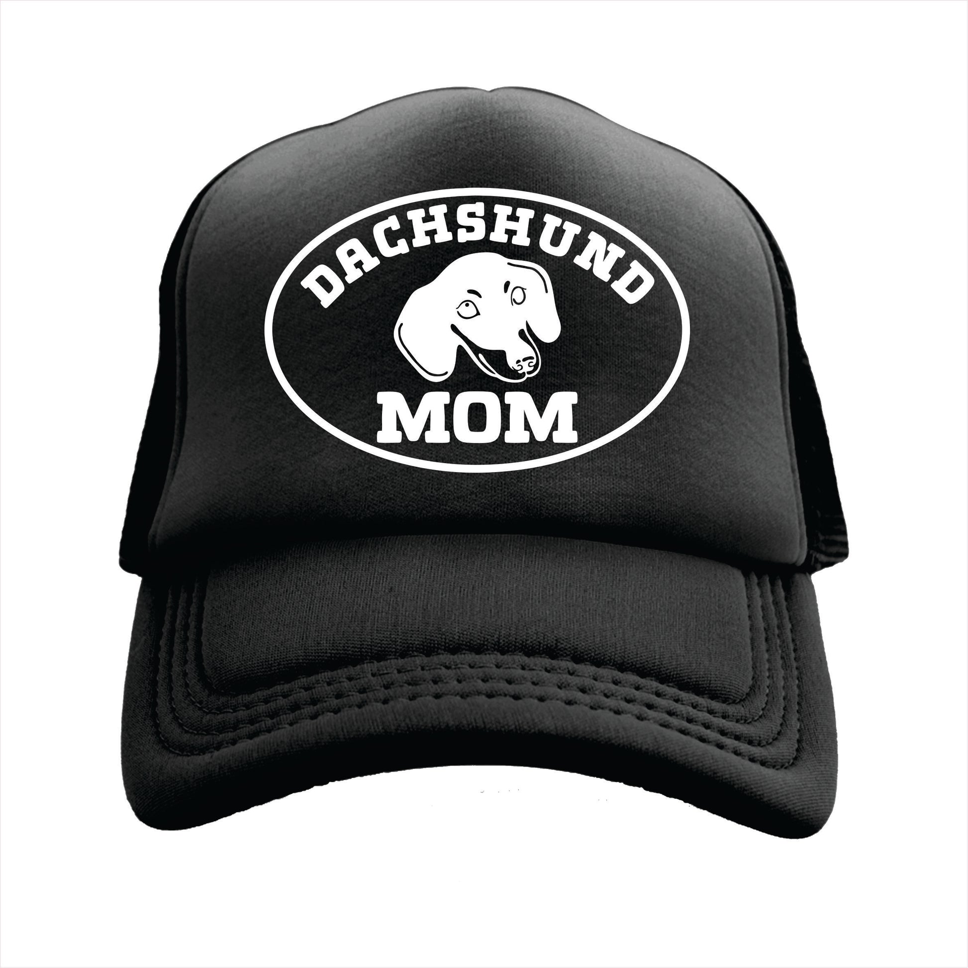 Black trucker hat cap with 'DACHSHUND MOM' written on it and the silhouette of a dachshund in the center.