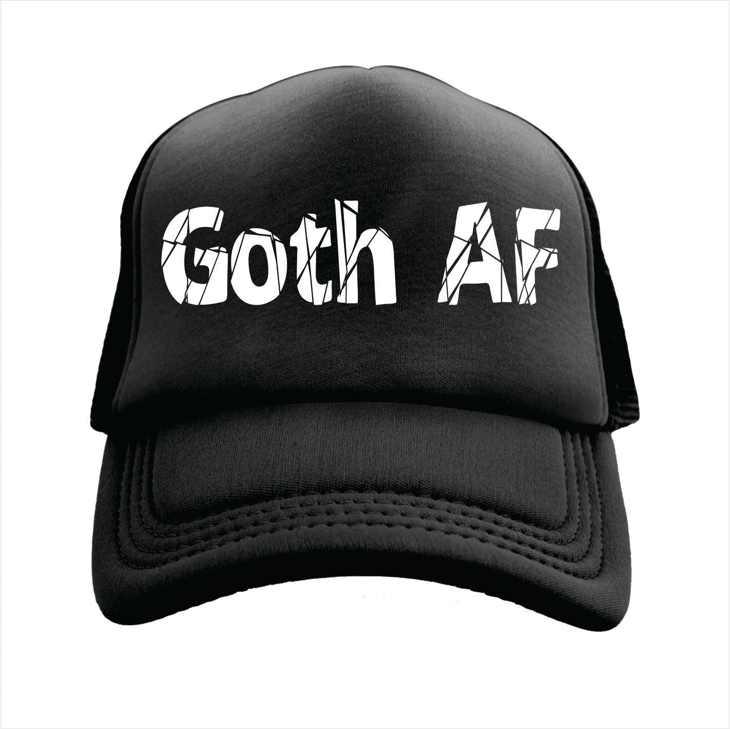 Black cap with 'Goth AF' text on a white background