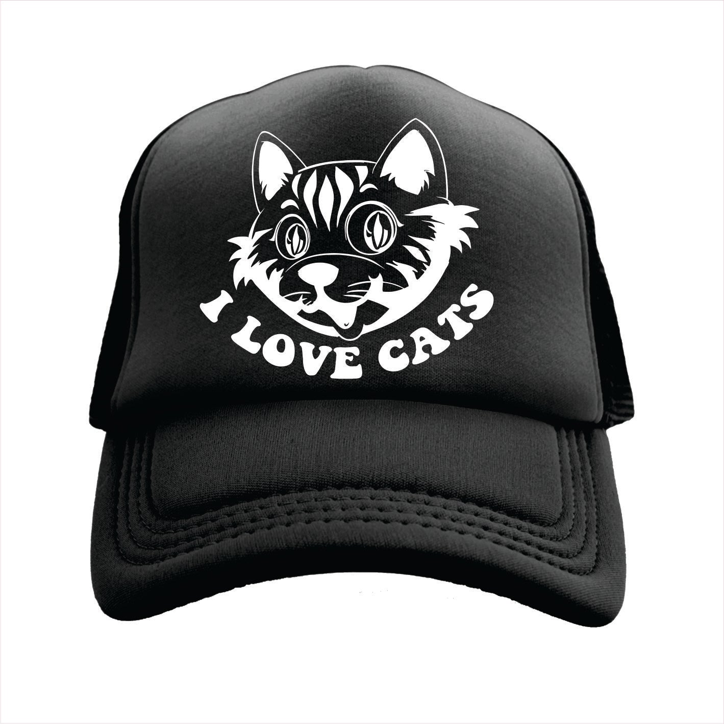 Black trucker hat cap with a white cat illustration and 'I Love Cats' text on a white background
