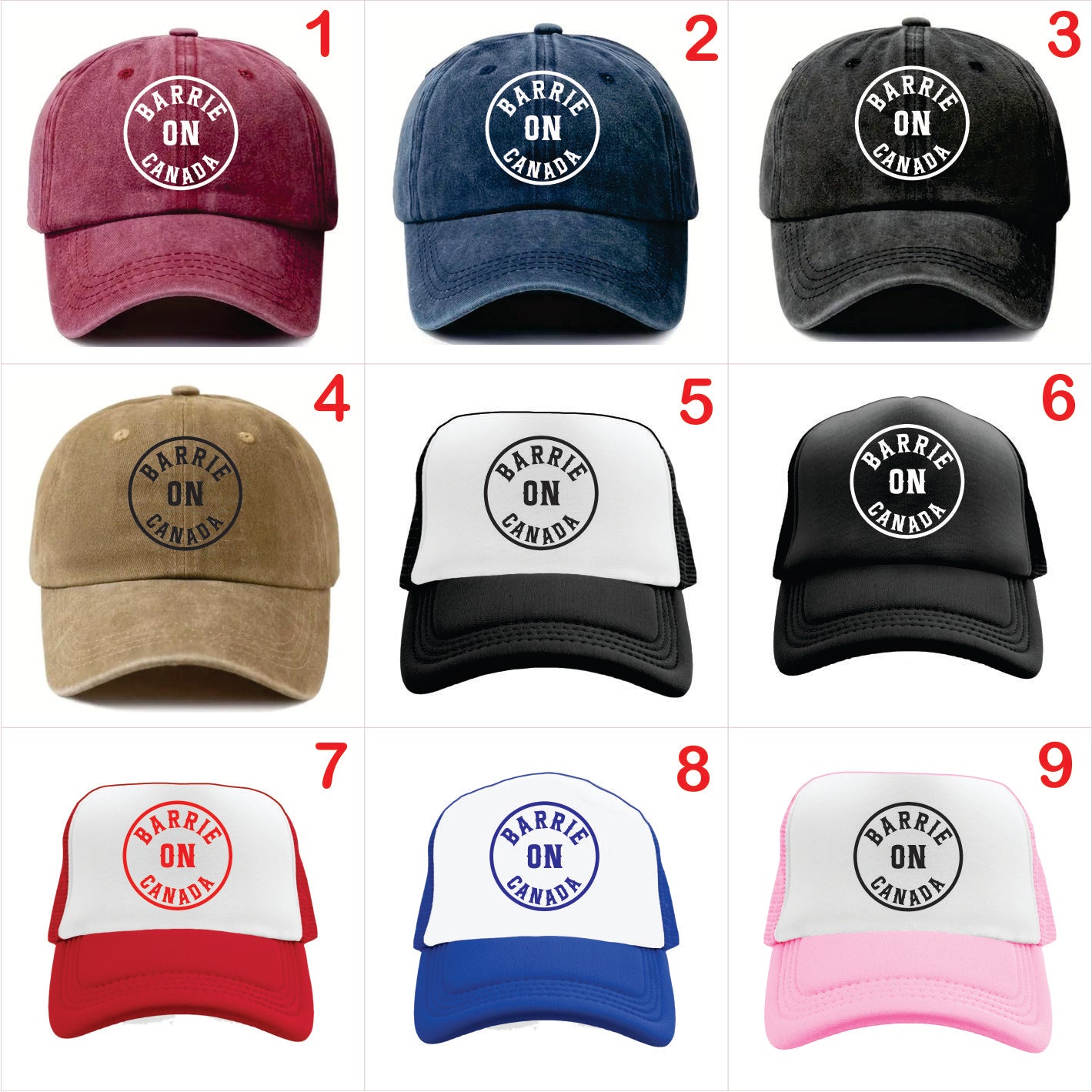 Nine baseball caps with 'Barrie ON Canada' logo in various colors on a white background.