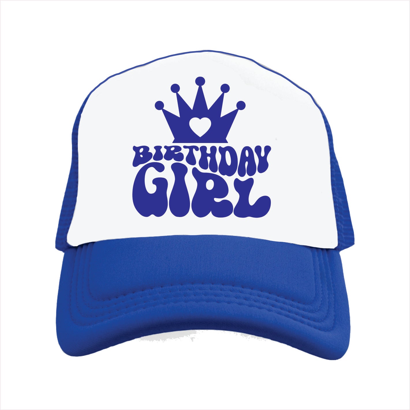 Blue and white trucker hat cap with 'BIRTHDAY GIRL' printed in bold letters on the front.