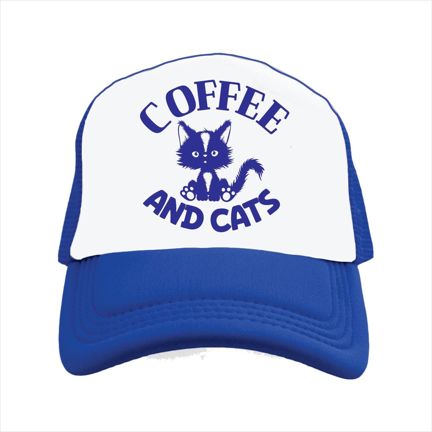 Blue and white trucker hat cap with a cat graphic and 'Coffee and Cats' text on a white background