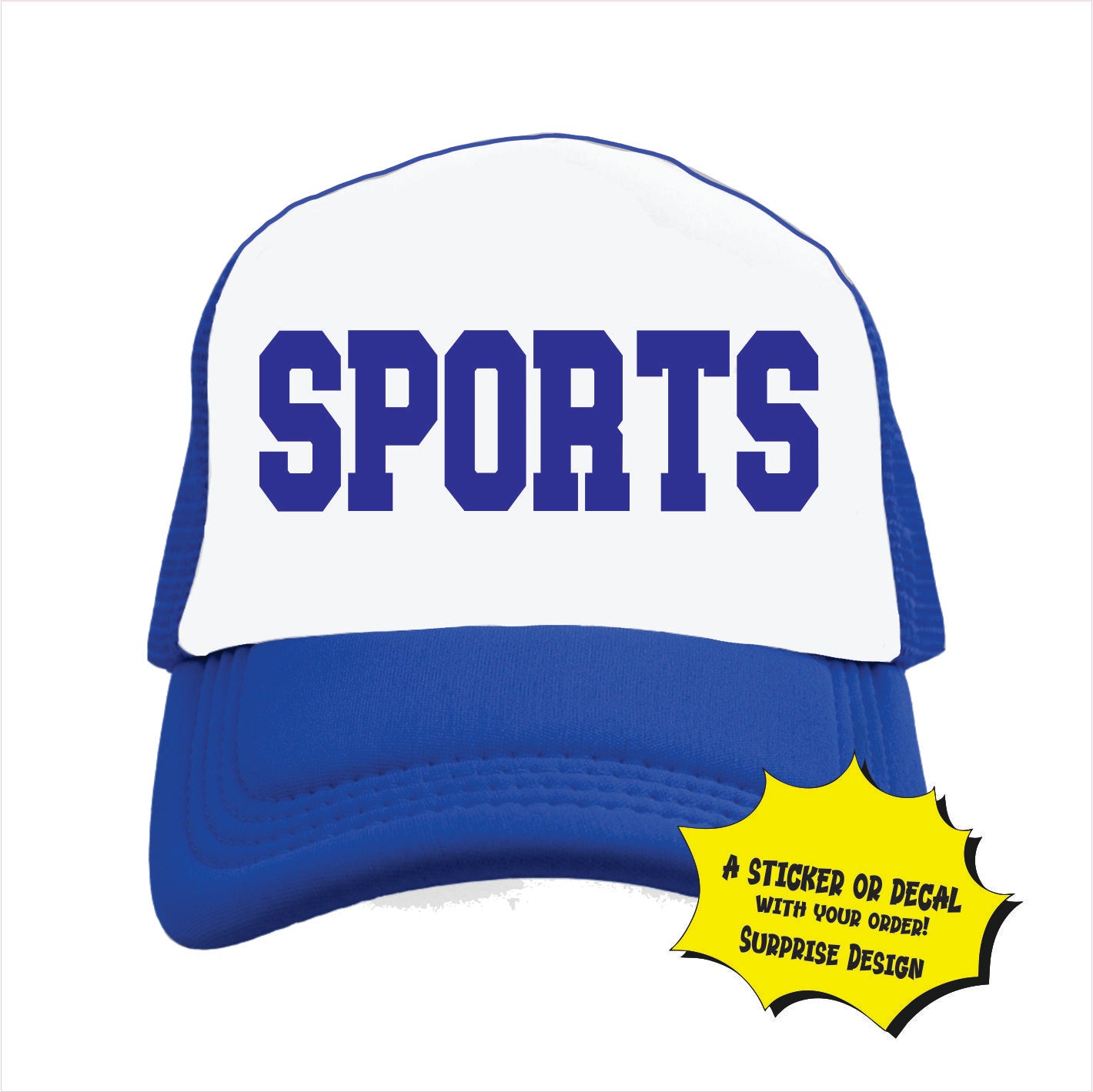 Blue and white trucker hat cap with the word 'SPORTS' written in bold letters on the front panel.