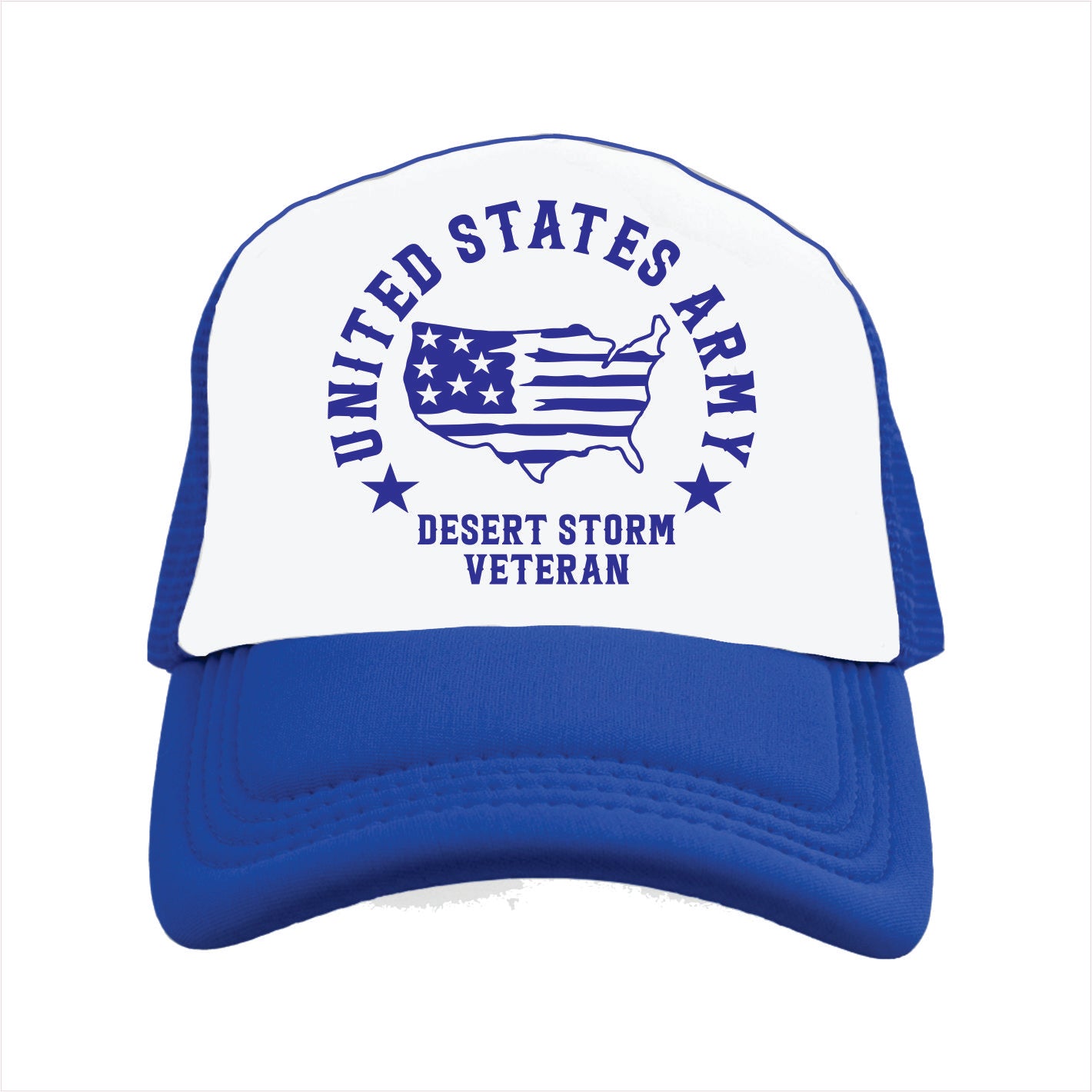 Blue and white trucker hat cap with 'United States Army Desert Storm Veteran' text on a white background