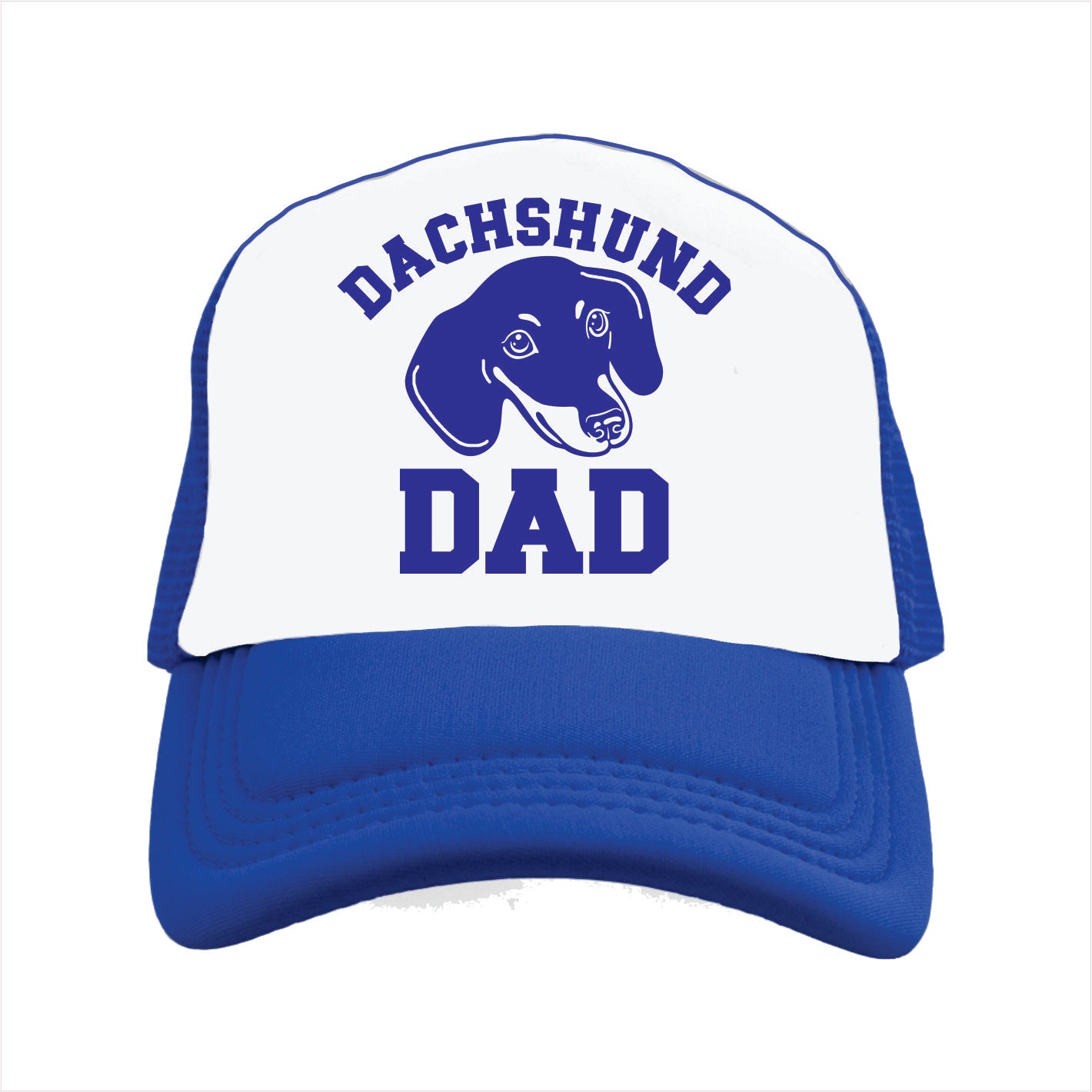 Blue and white cap with 'Dachshund Dad' text and dachshund graphic on a white background