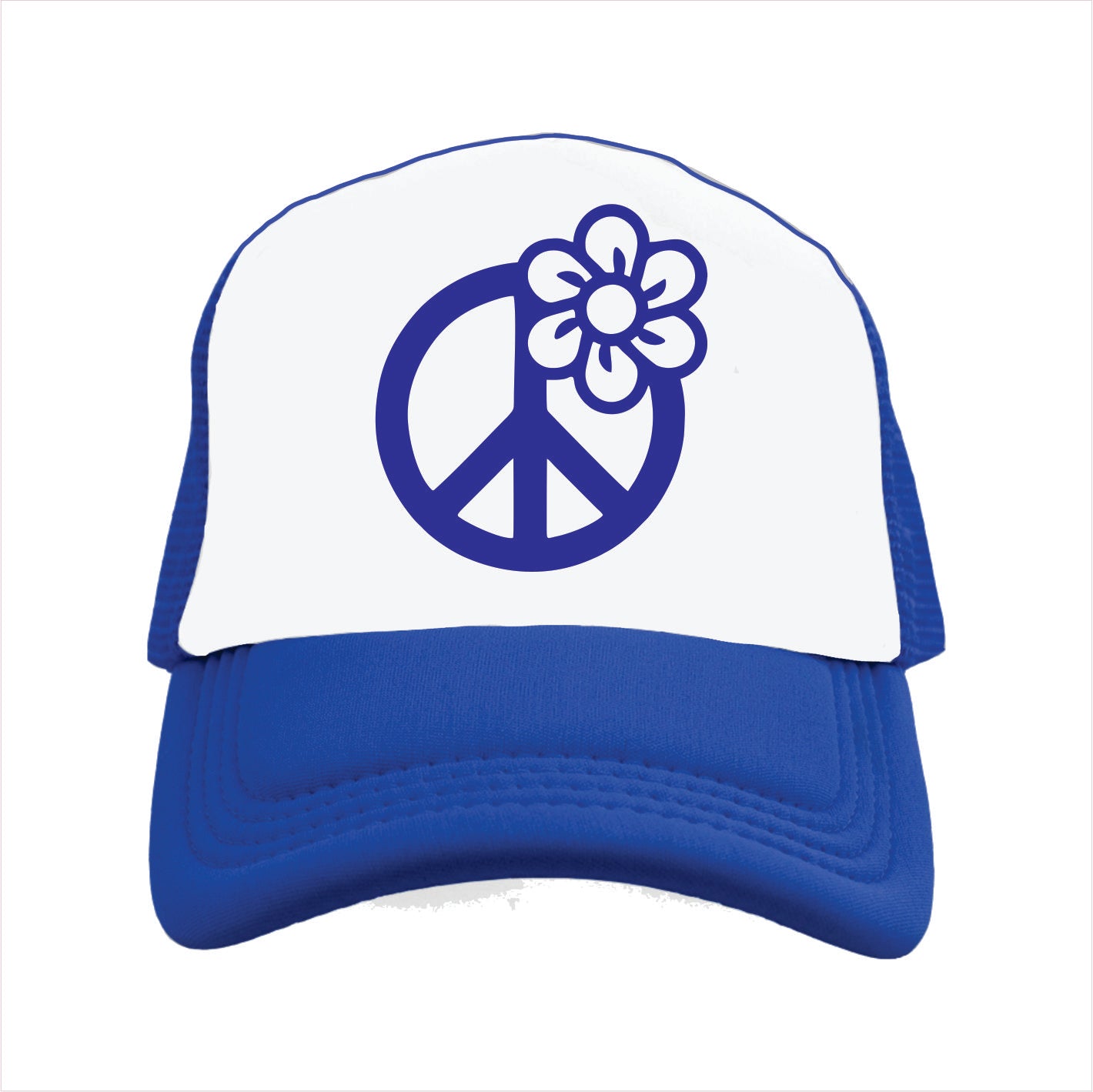 Blue and white trucker hat cap with peace symbol and flower design on a white background