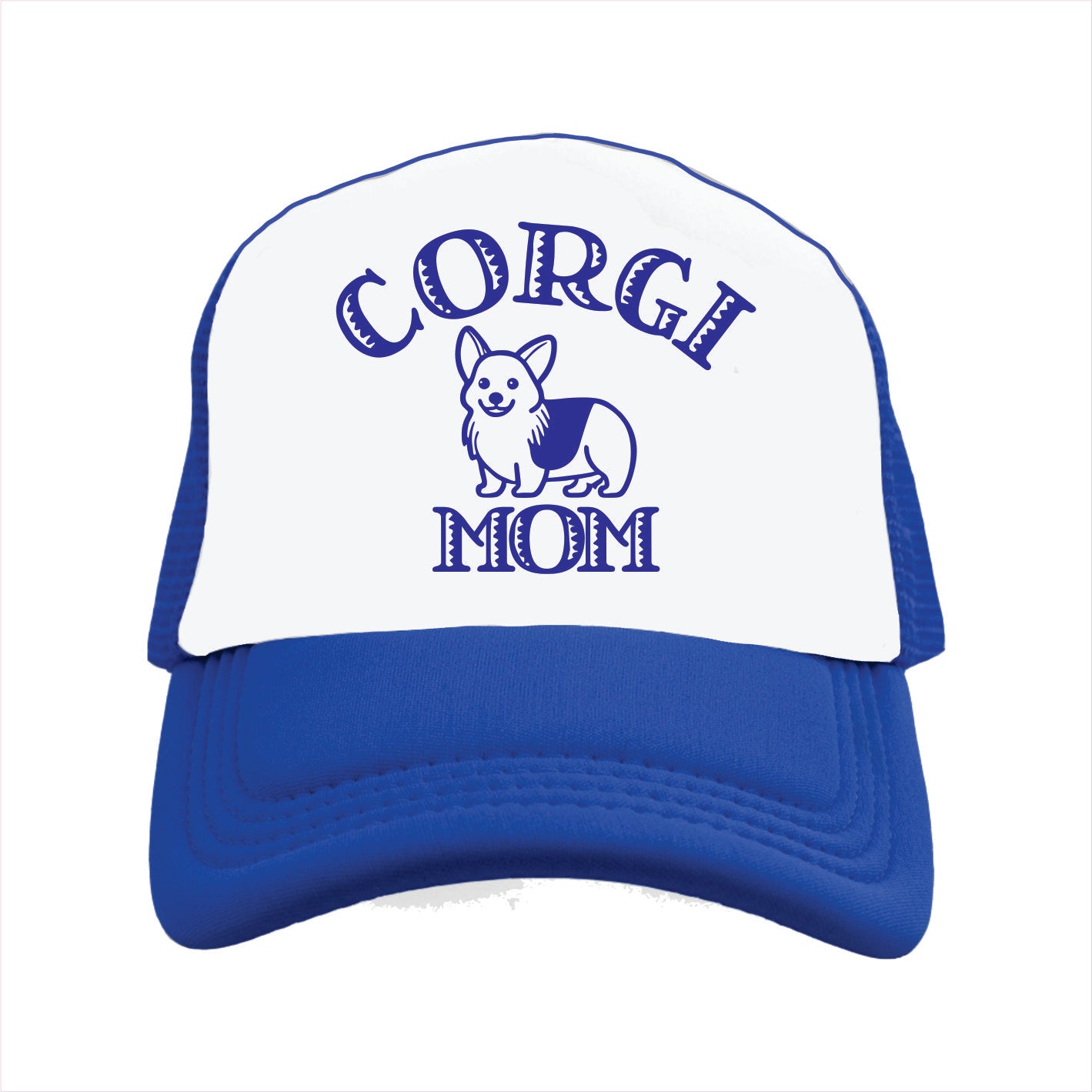 Blue and white trucker hat cap with 'CORGI MOM' text and a silhouette of a corgi dog on the front.