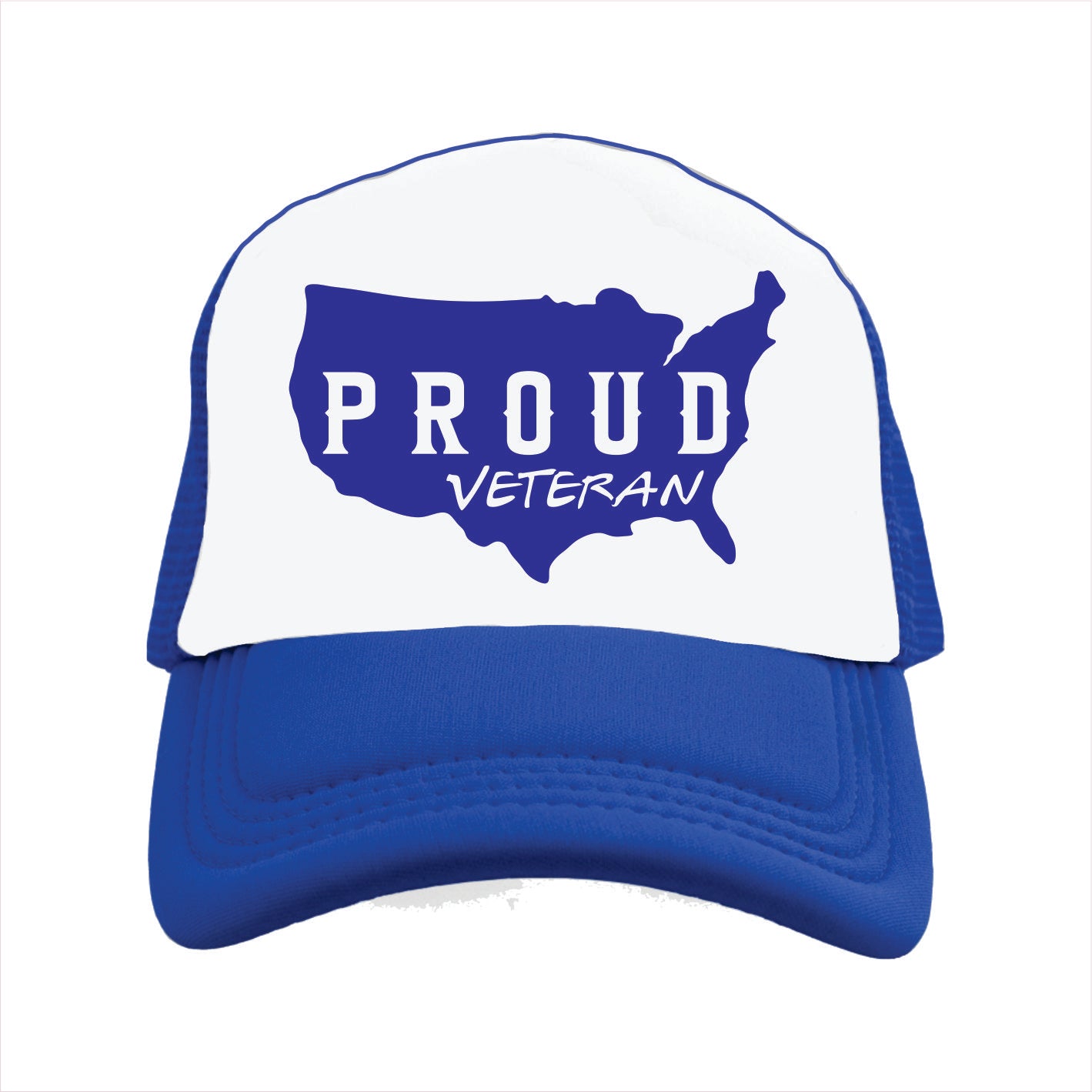 Blue and white trucker hat cap with 'Proud Veteran' text and USA map design on a white background