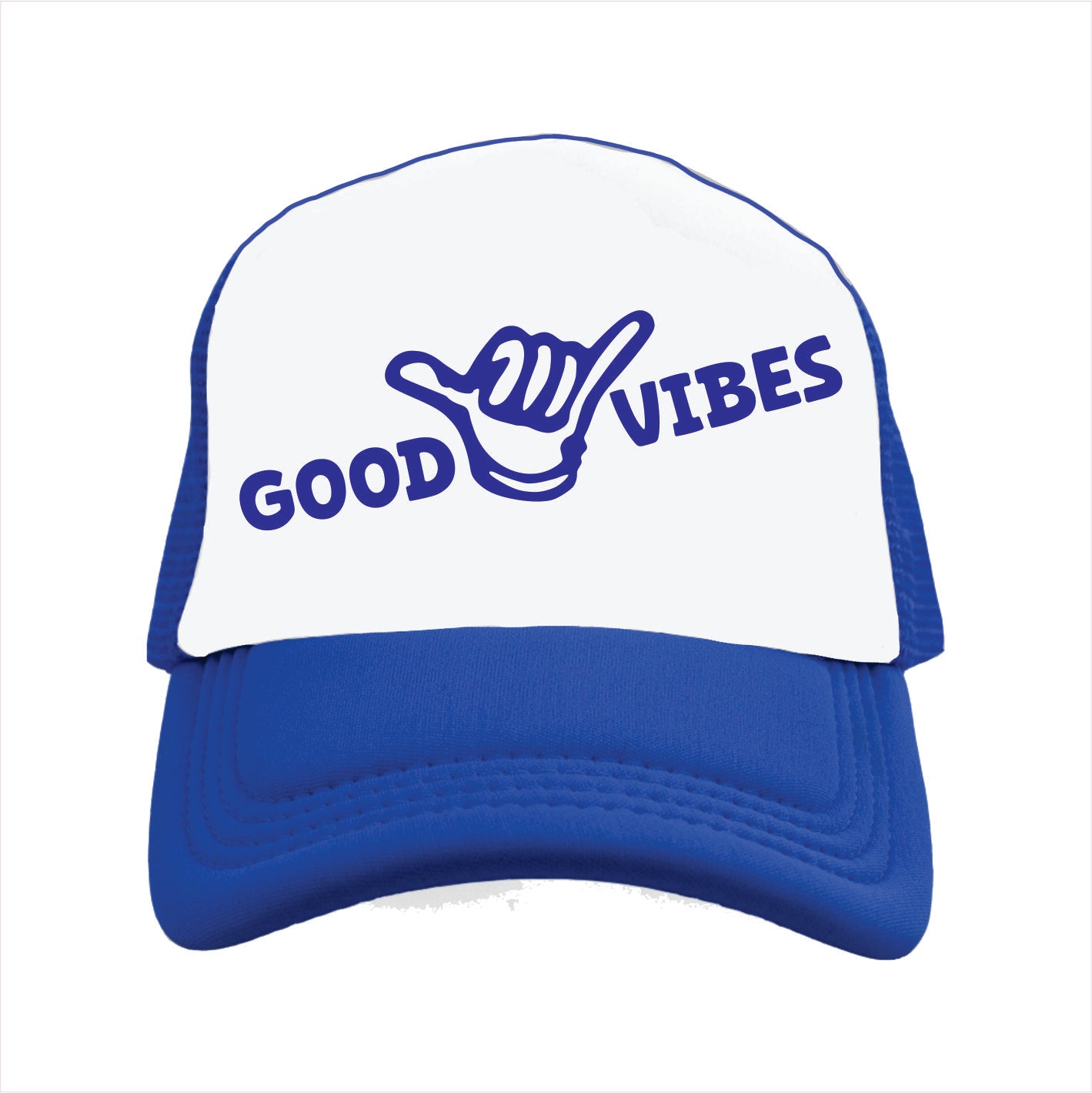 Blue and white cap with 'Good Vibes' text and hand symbol on a white background