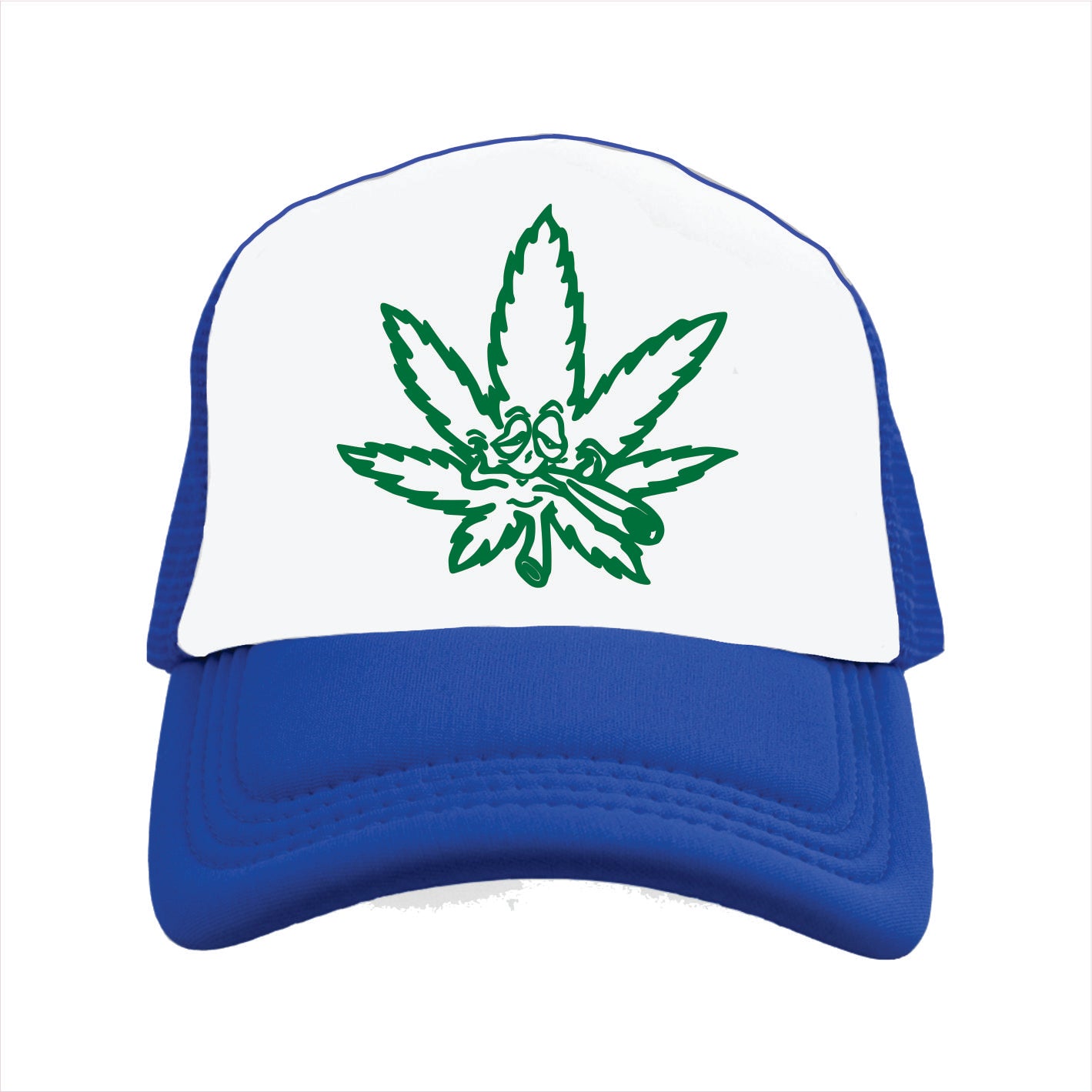 Blue and white trucker hat cap with green cannabis leaf design on a white background