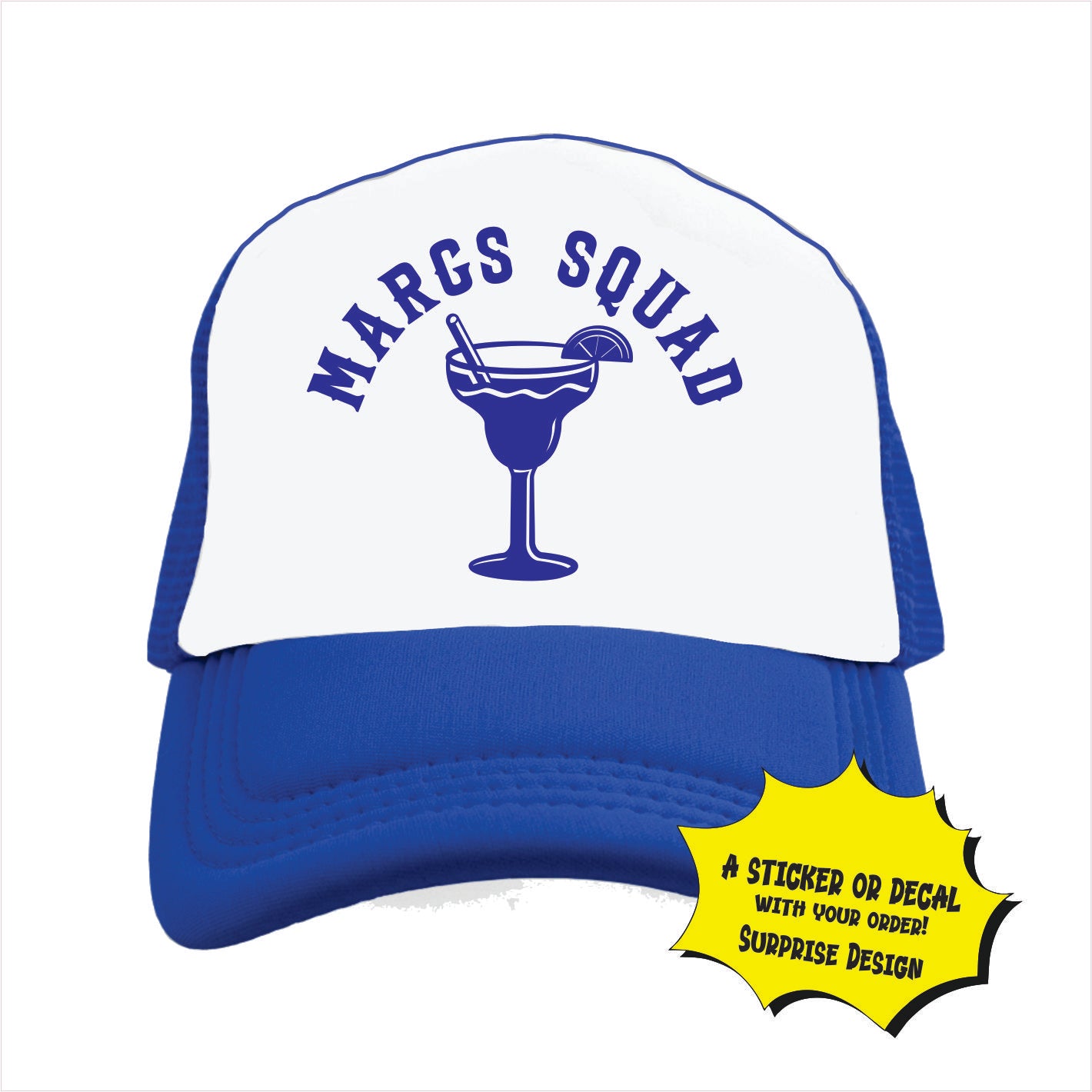 Blue and white trucker hat cap with 'Margs Squad' text and margarita graphic.