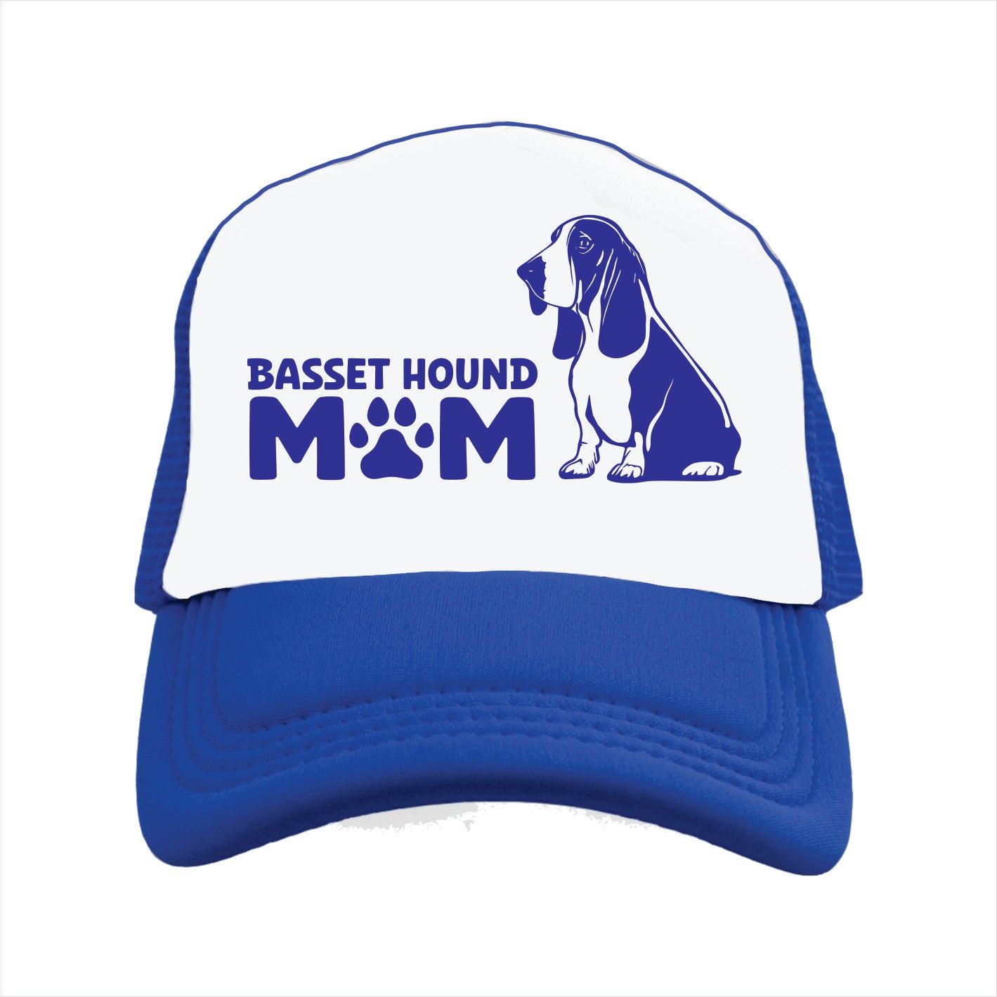 Blue and white trucker hat cap with 'Basset Hound Mom' text and dog silhouette on a white background
