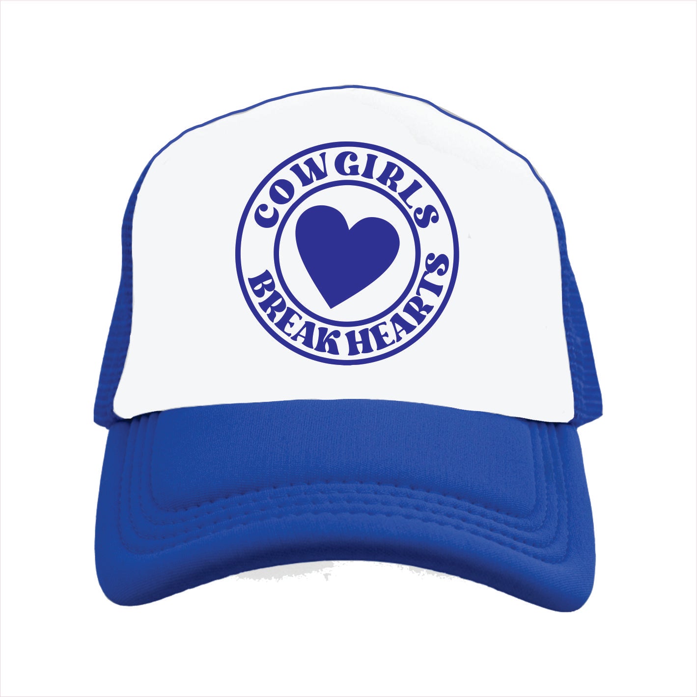 Blue and white trucker hat cap with 'COWGIRLS BREAK HEARTS' text and a heart symbol printed on the front.