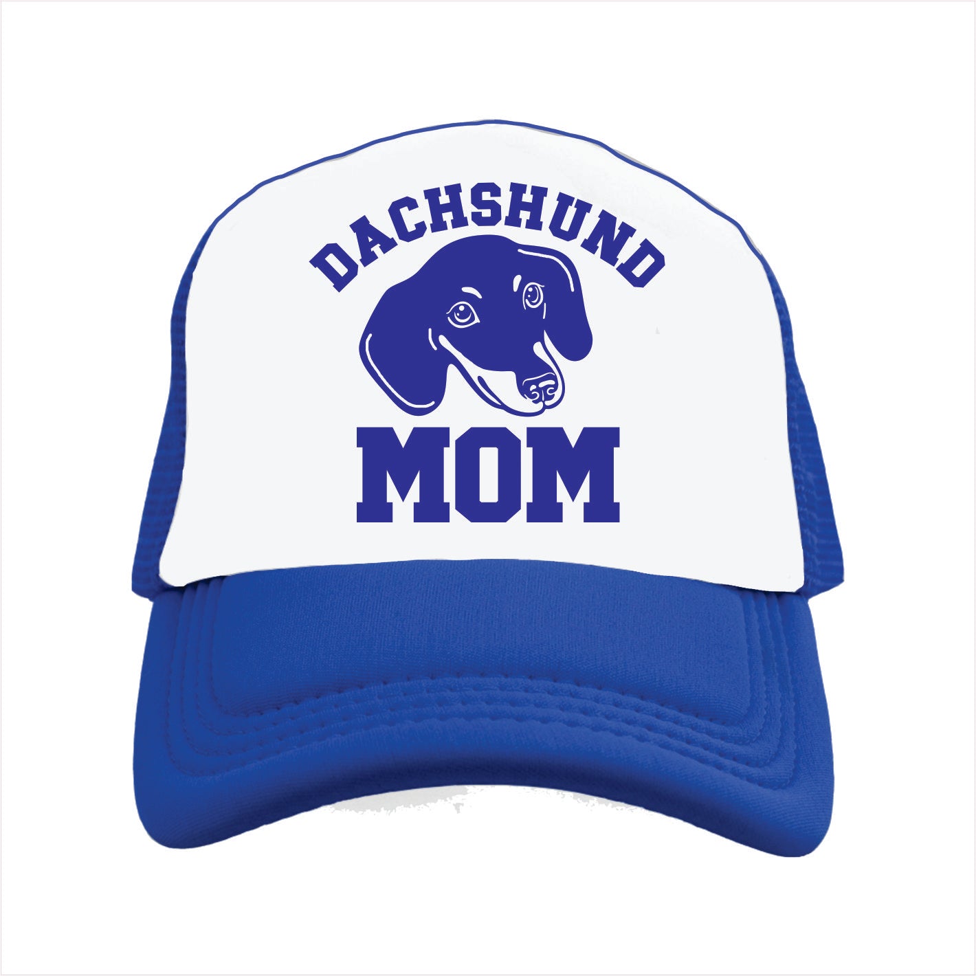 Blue and white trucker hat cap with 'Dachshund Mom' text and dachshund graphic on a white background