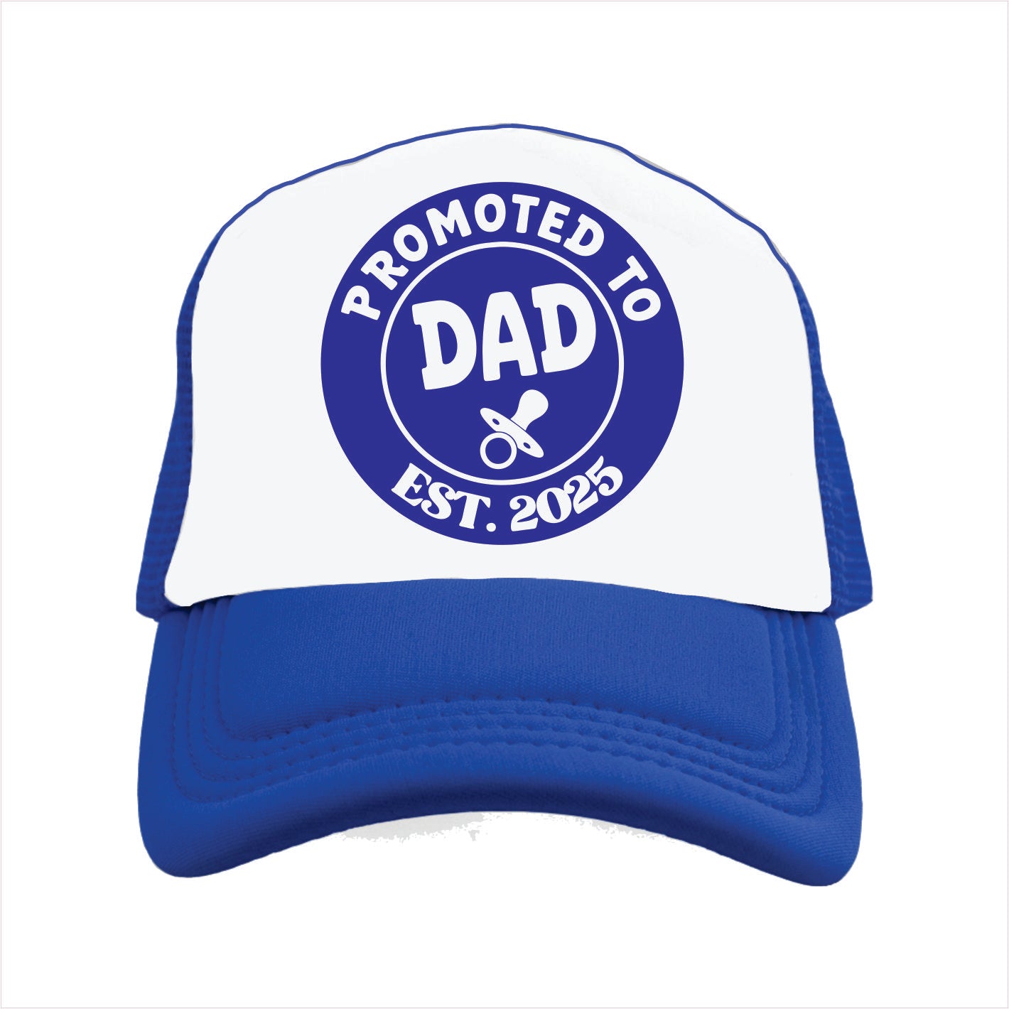 Blue and white trucker hat cap with 'Promoted to Dad Est. 2025' text on a white background