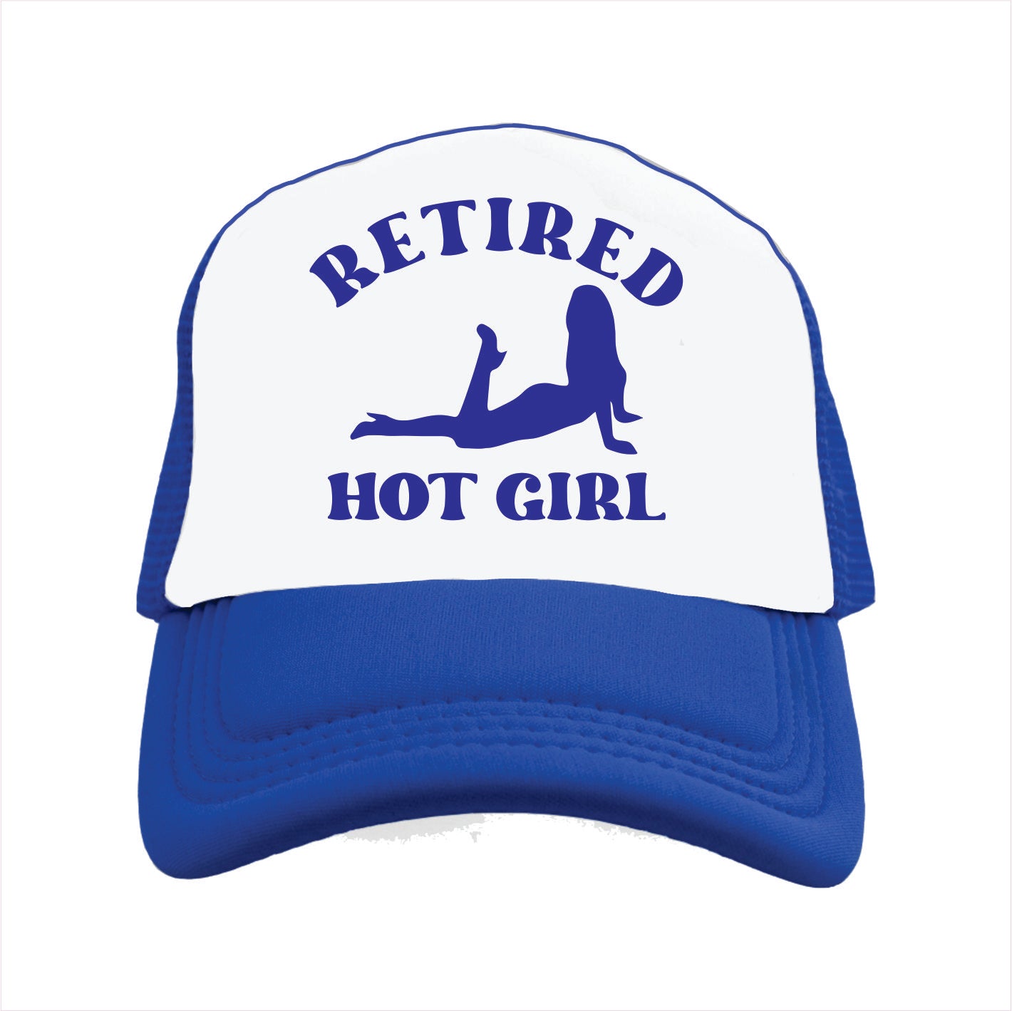 Blue and white trucker hat cap with 'Retired Hot Girl' text and graphic on a white background