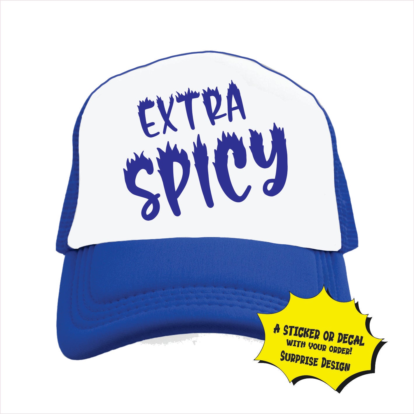 Blue and white trucker hat cap with 'EXTRA SPICY' written in bold, pink letters on the front panel