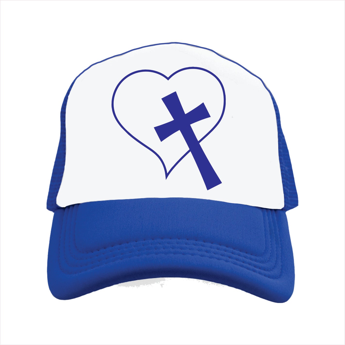 Blue and white trucker hat cap with a heart and cross design on a white background