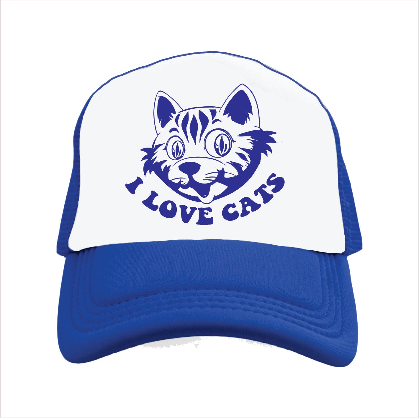 Blue and white trucker hat cap with a cat design and 'I Love Cats' text on a white background