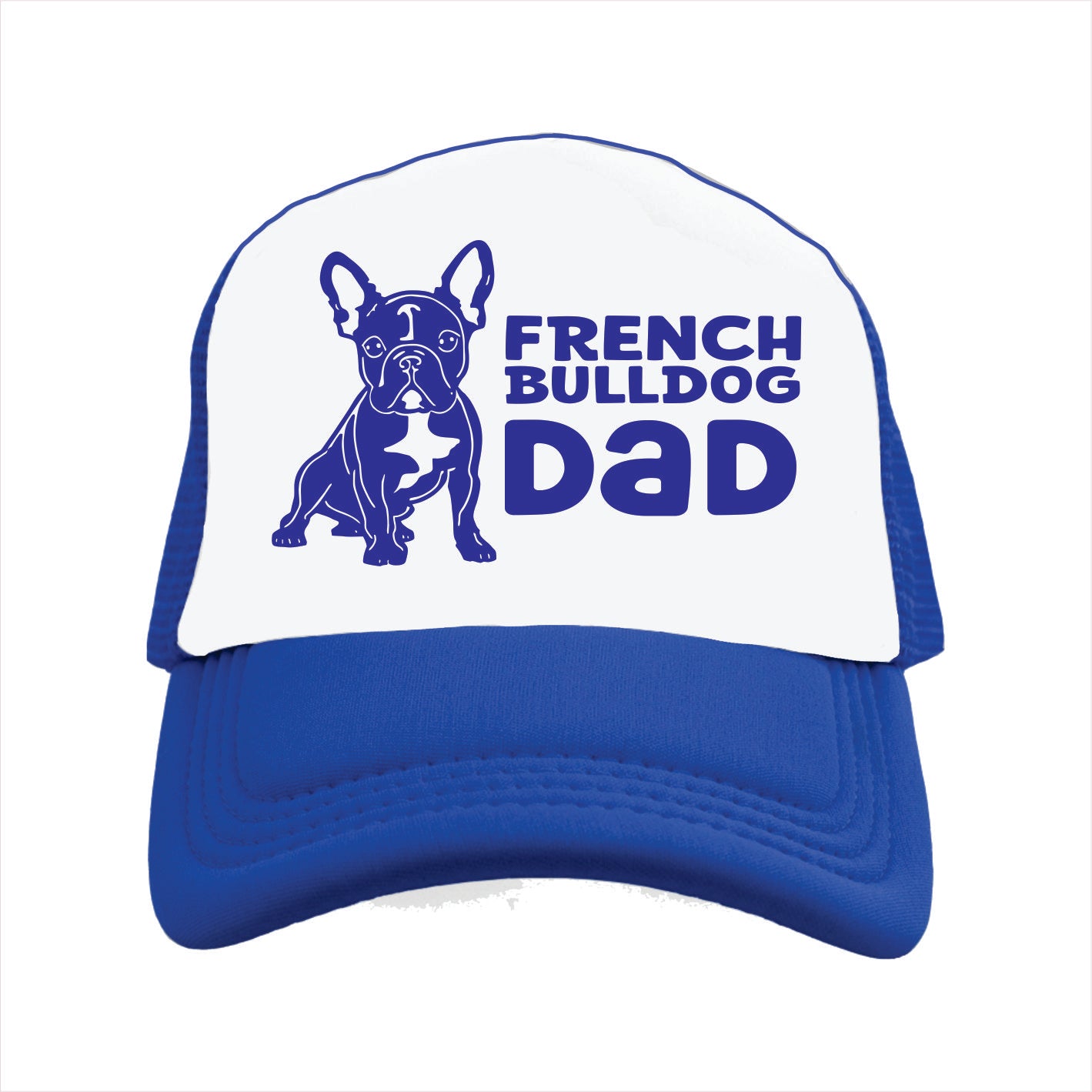 Blue and white trucker hat cap with a French Bulldog illustration and 'French Bulldog Dad' text on a white background