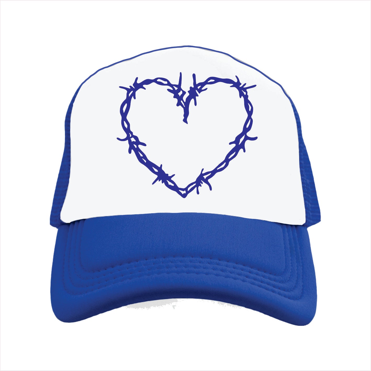 Blue and white trucker hat cap with a heart design made of barbed wire on a white background