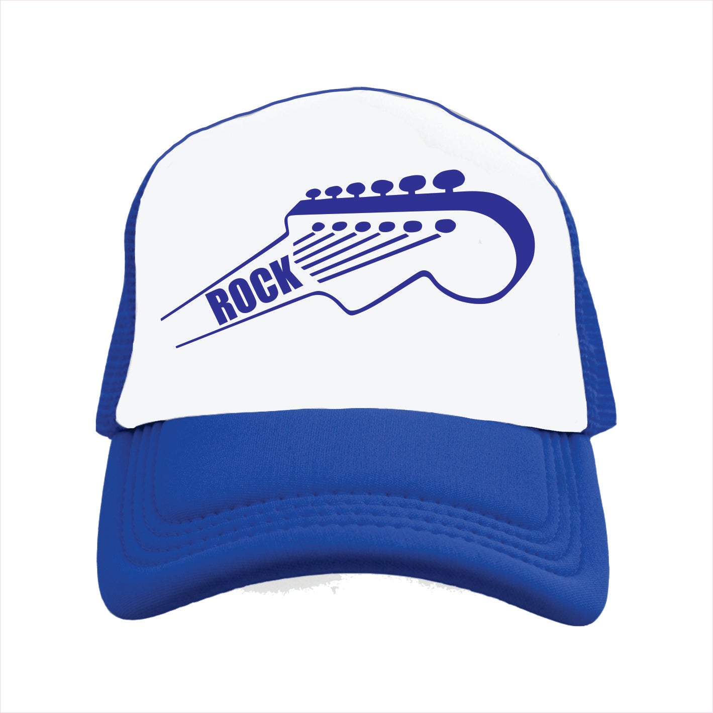 Blue and white trucker hat cap with guitar design and 'Rock' text on a white background
