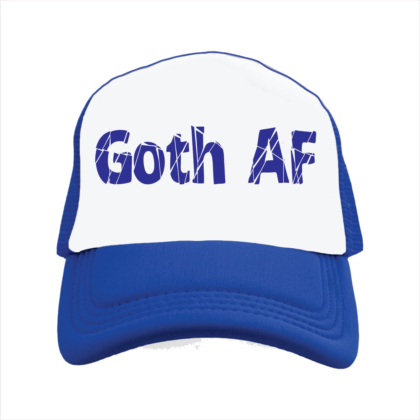 Blue and white cap with 'Goth AF' text on a white background