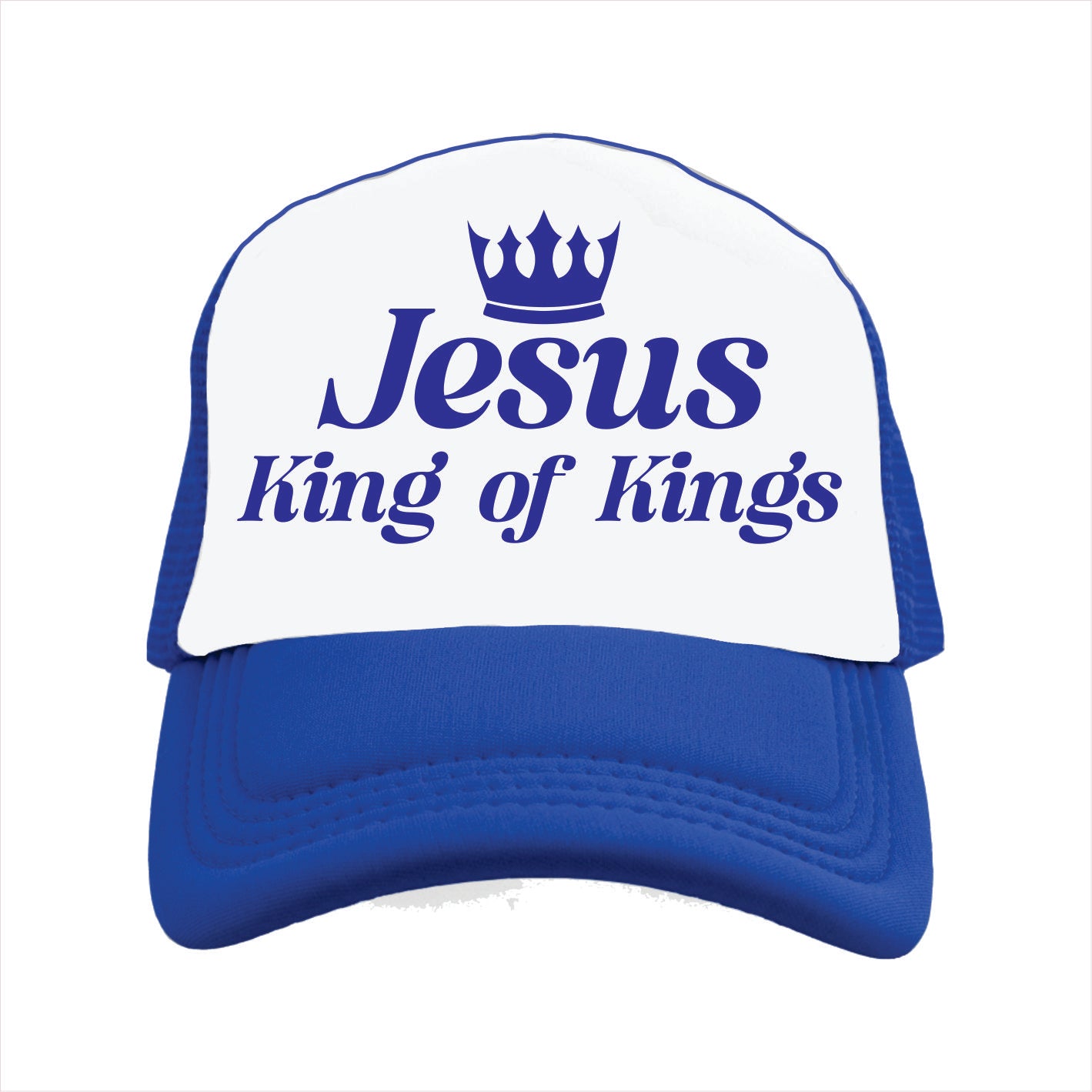 Blue and white trucker hat cap with 'Jesus King of Kings' text and crown symbol on a white background