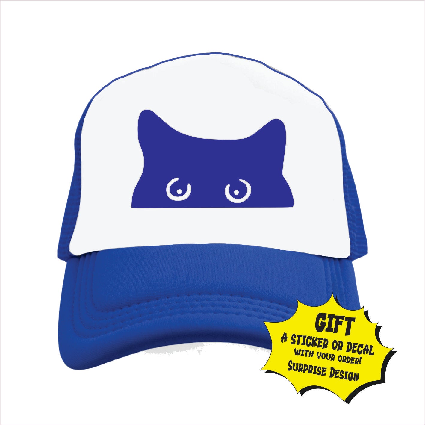 Blue and white trucker hat cap with a design of a cat's face on the front.