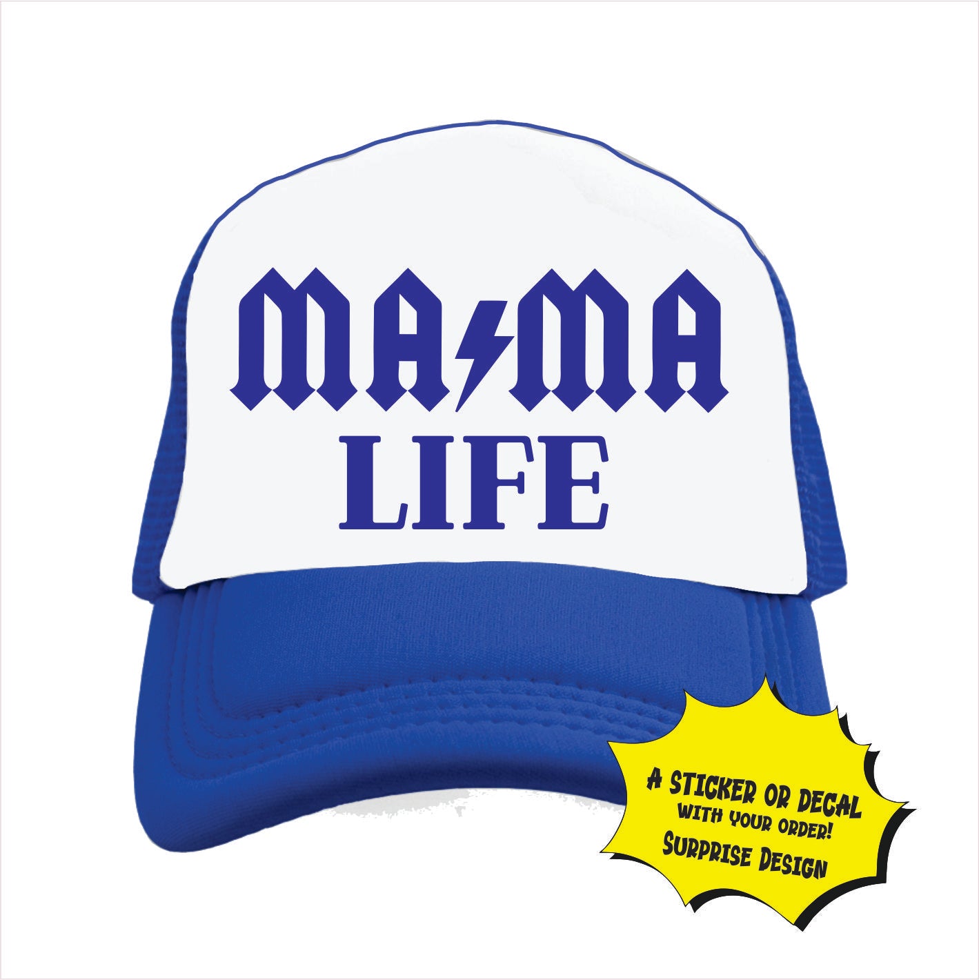 Blue and white trucker hat cap with 'MAMA LIFE' text in black, featuring a lightning bolt symbol.