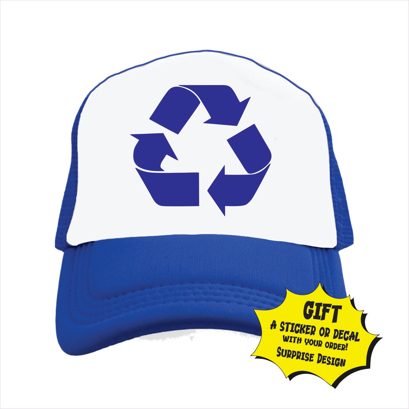 Blue and white trucker hat cap with a recycle symbol on the front.