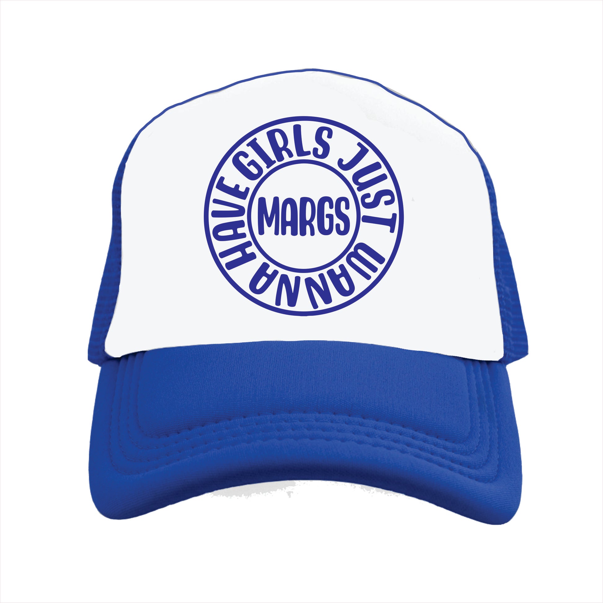 Blue and white trucker hat cap with the text 'MARGS' in the center, framed in a circular design with the phrase 'Girls just wanna have margs' around it.