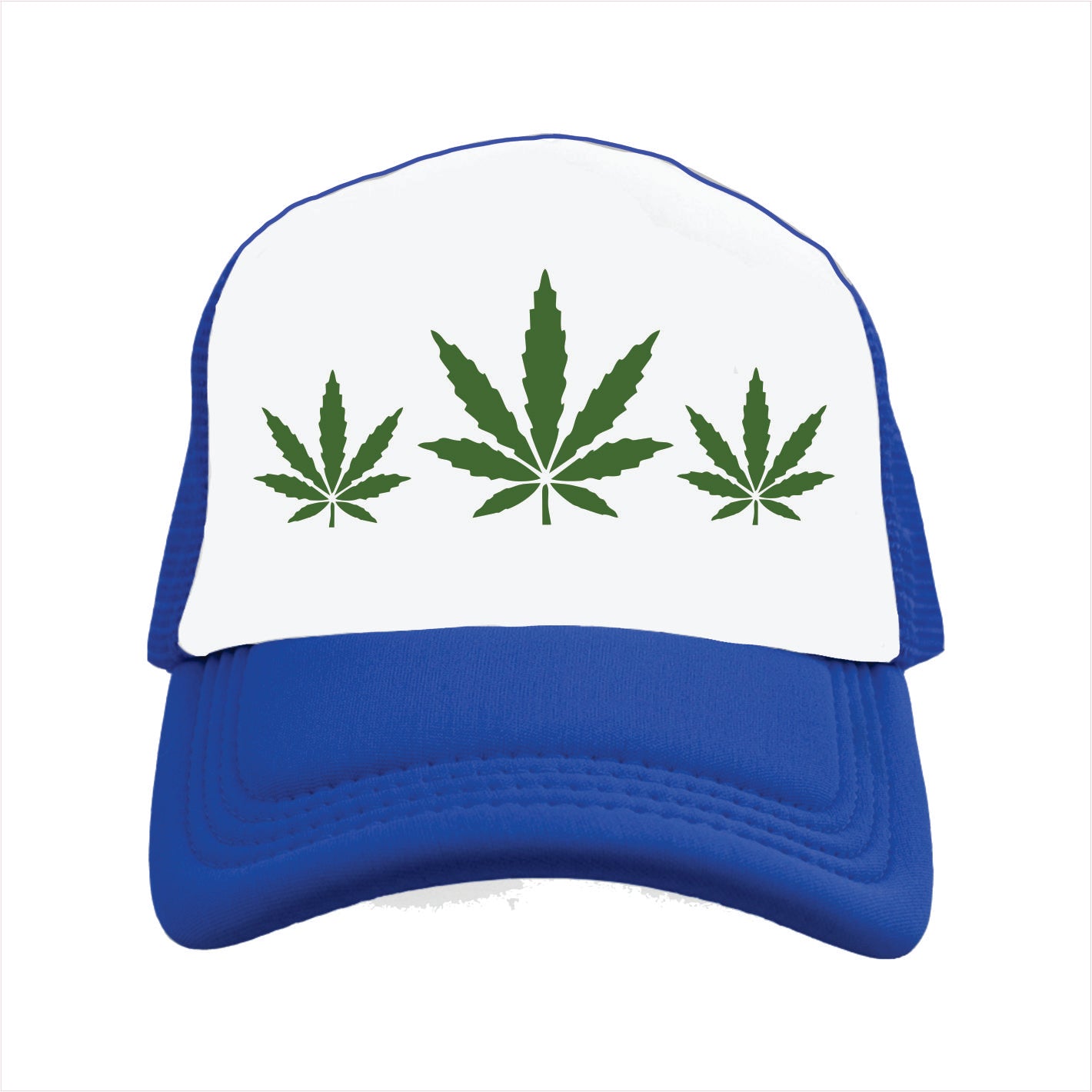 Blue and white trucker hat cap with green cannabis leaves on a white background