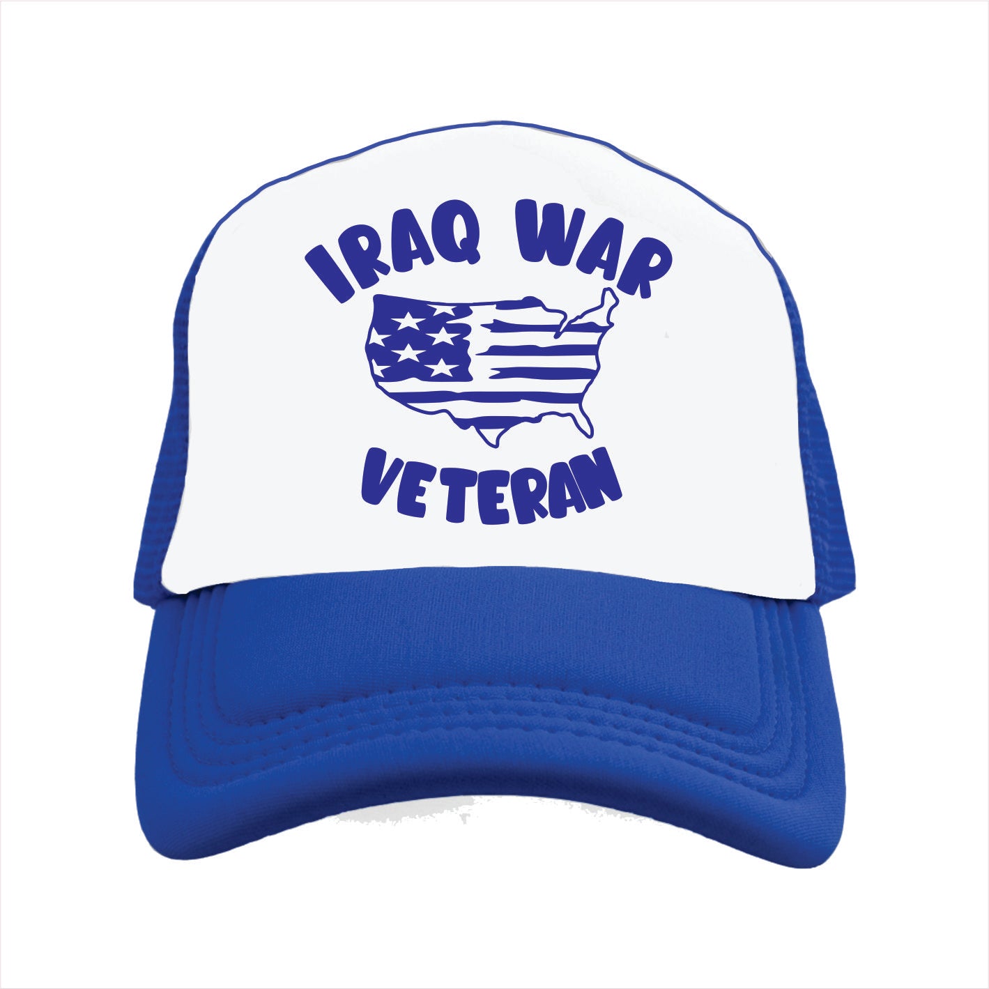 Trucker hat Cap with 'Iraq War Veteran' text and American flag design on a white background
