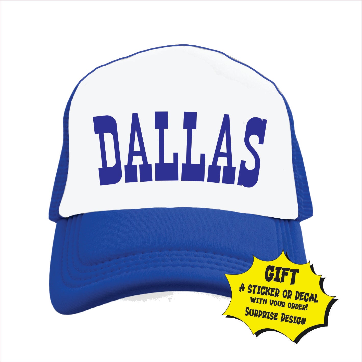 Blue and white trucker hat cap with 'DALLAS' written in blue on the front.