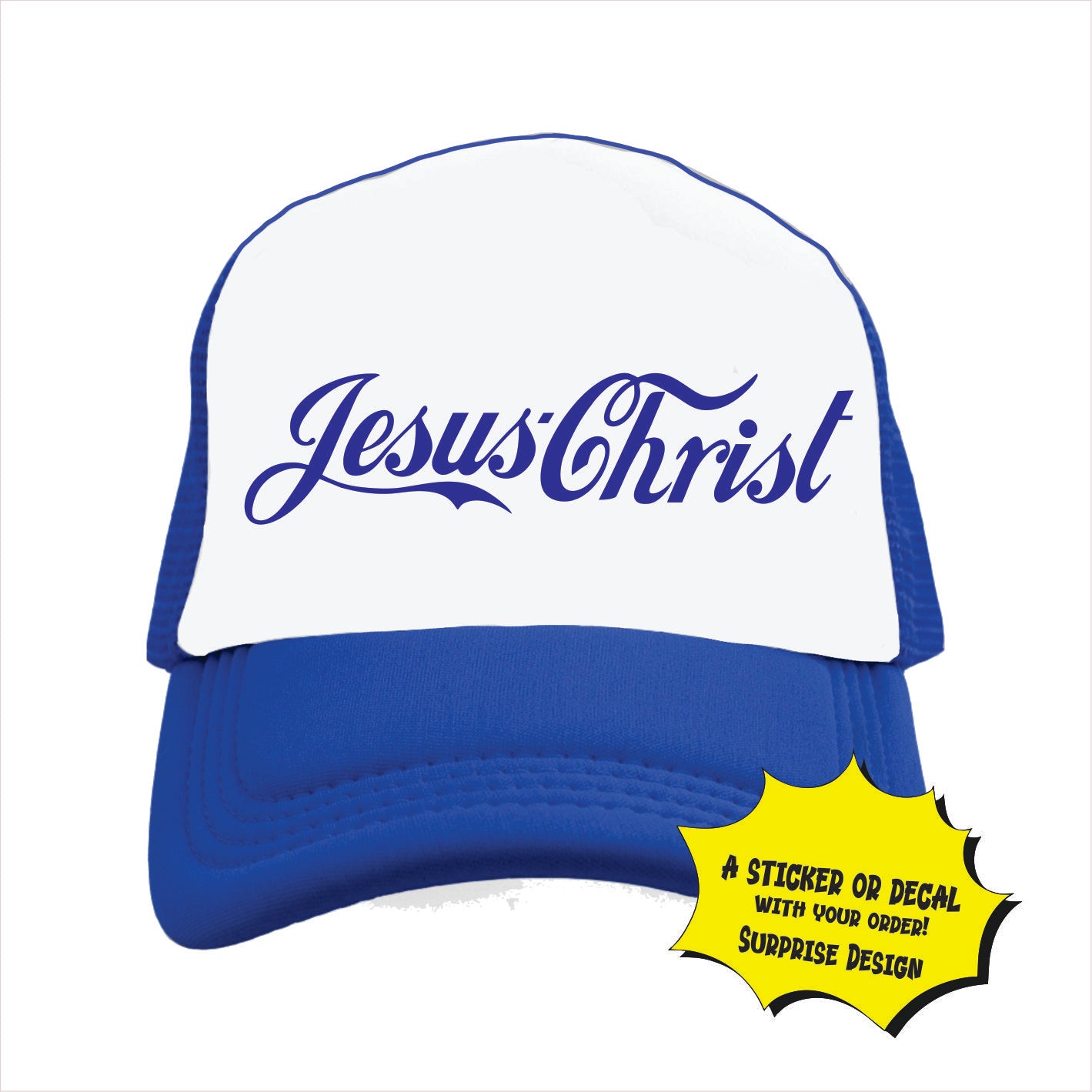 Blue and white trucker hat cap with 'Jesus Christ' text on the front