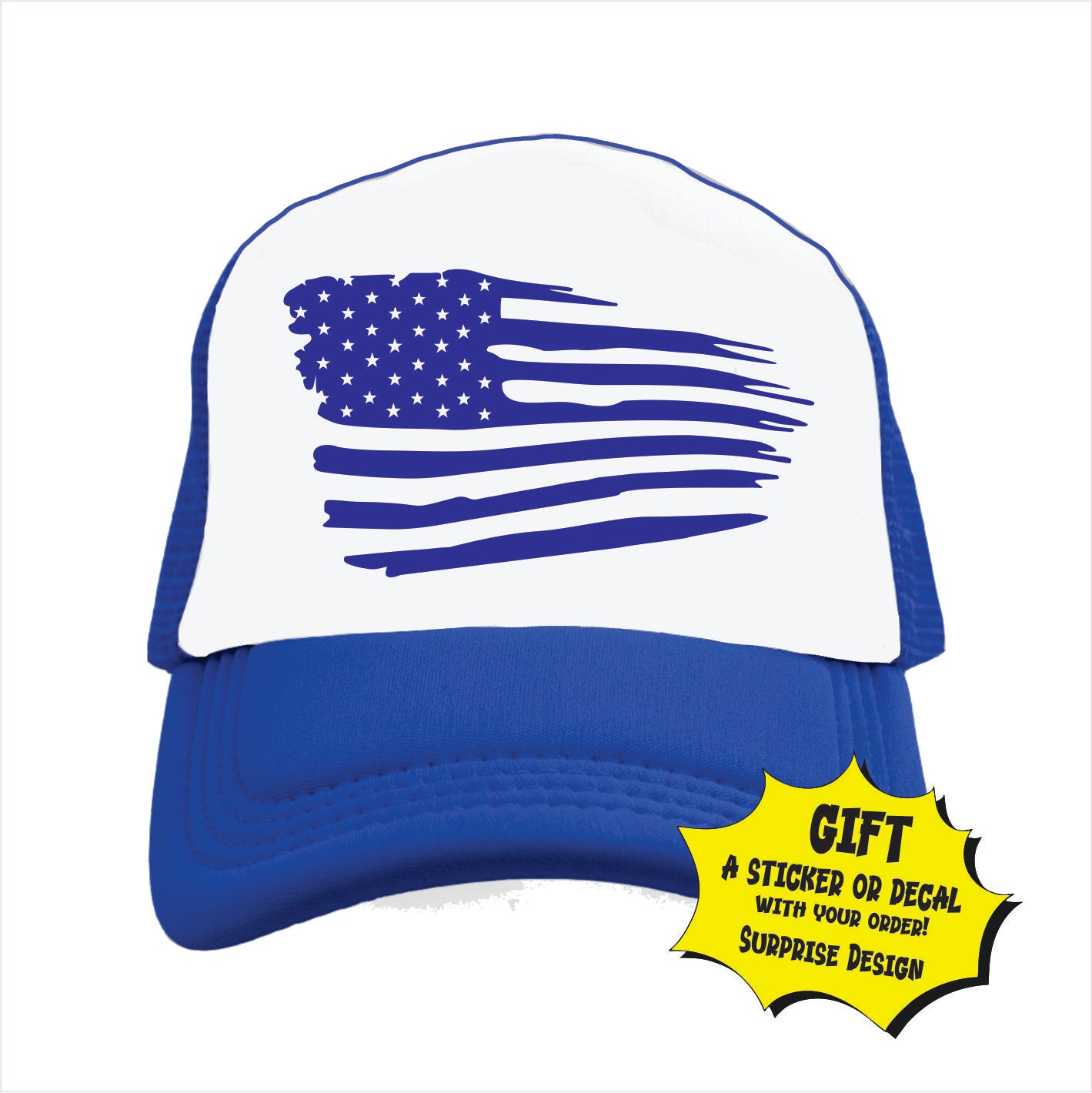 Blue and white trucker hat cap with usa flag printed on the front.