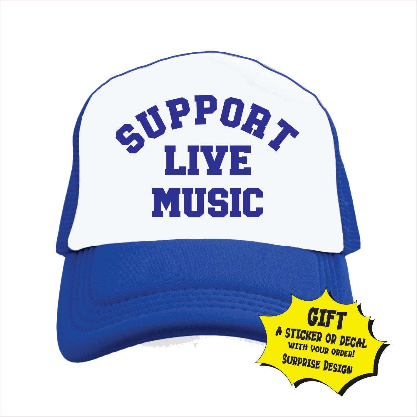 Blue and white trucker hat cap with 'SUPPORT LIVE MUSIC' text in blue.