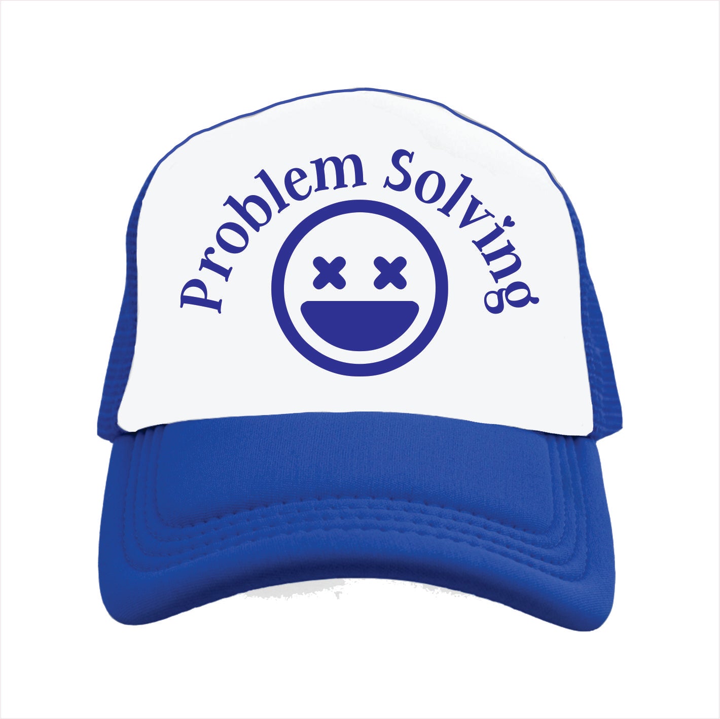 Blue and white trucker hat cap with 'Problem Solving' text and smiley face design on a white background