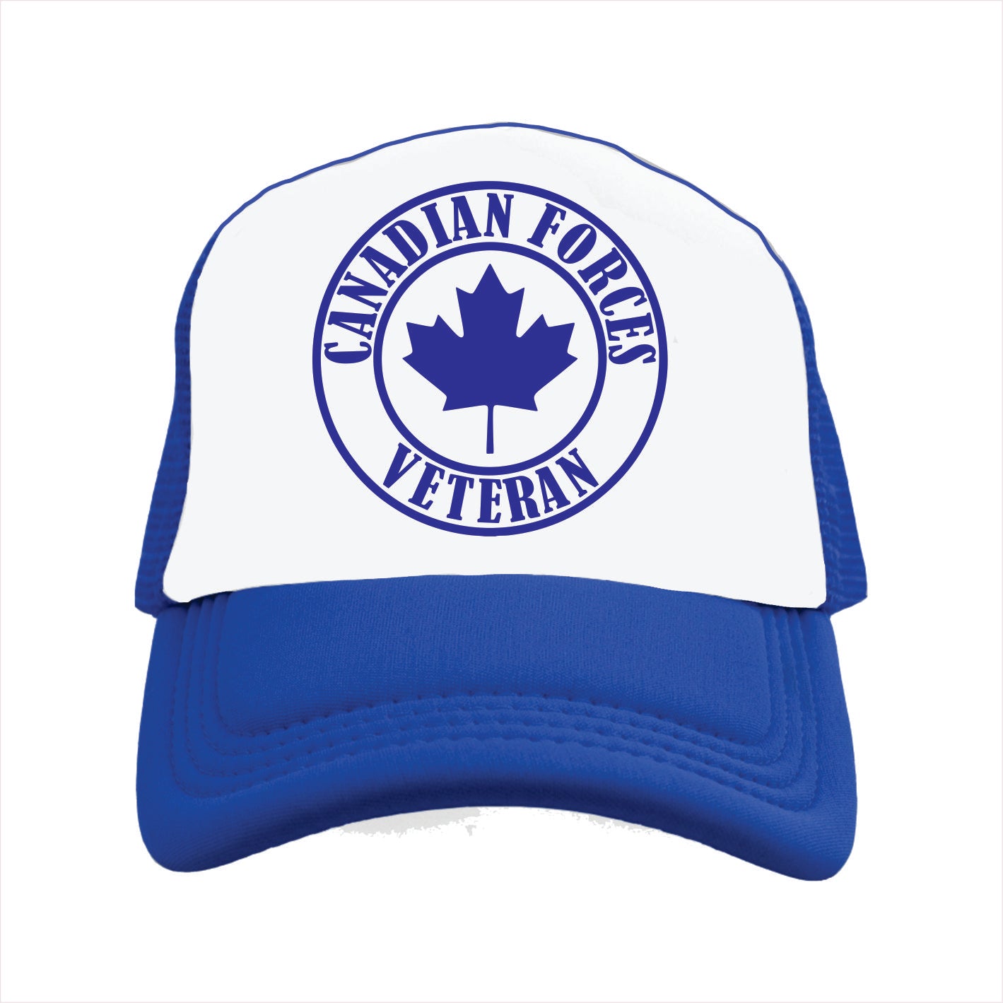 Blue and white trucker hat cap with 'Canadian Forces Veteran' text and maple leaf design on a white background