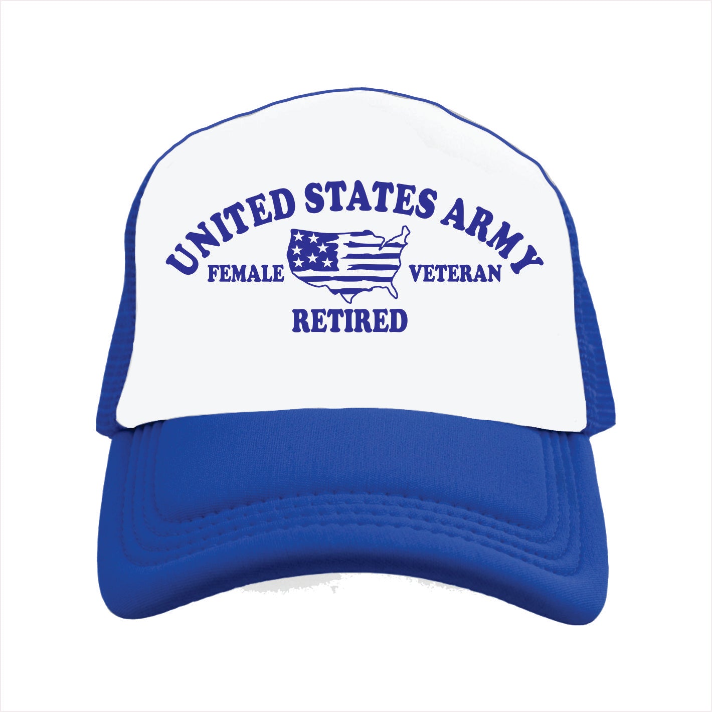 Blue and white trucker hat cap with 'United States Army Female Veteran Retired' text on a white background