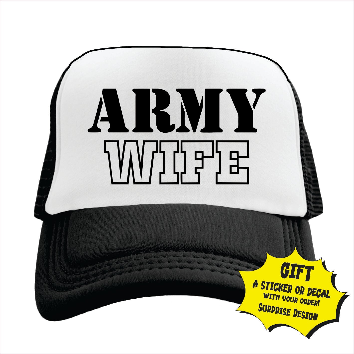 Black and white trucker hat cap with 'ARMY WIFE' written in bold letters on the front.