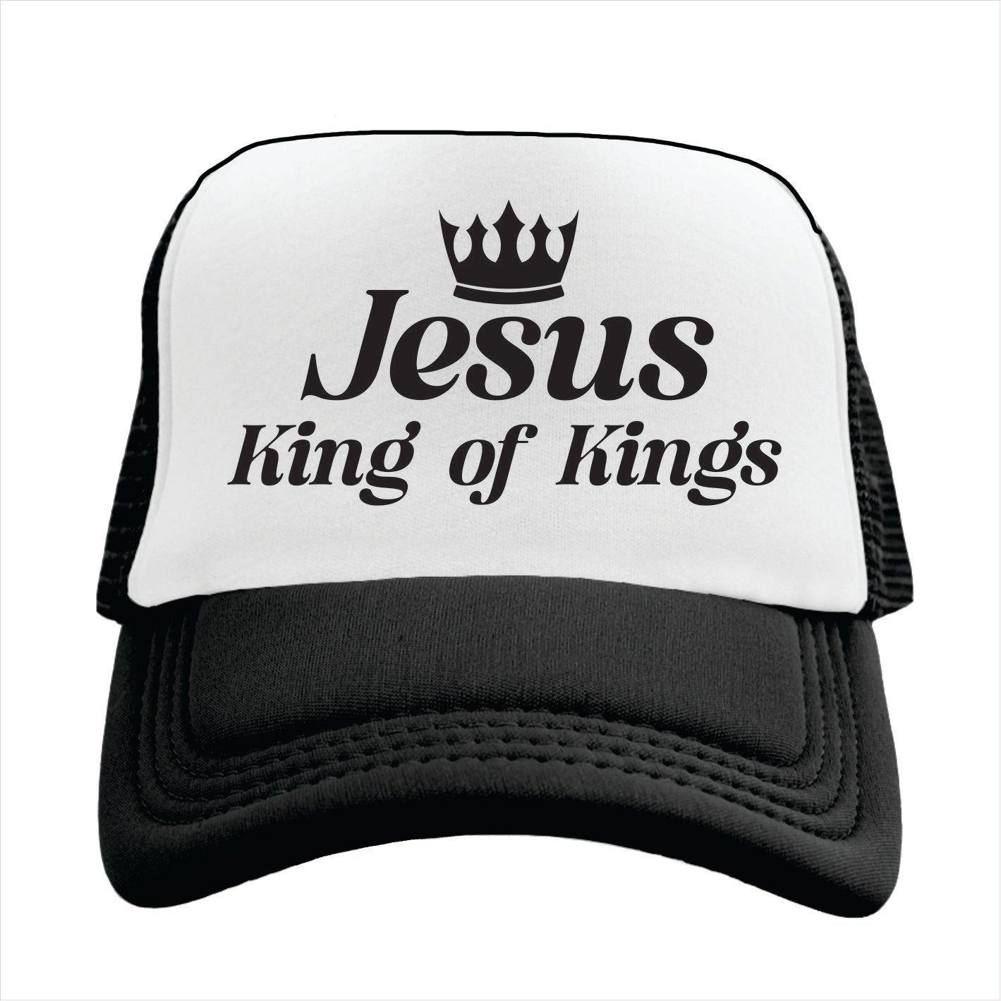 Black and white trucker hat cap with 'Jesus King of Kings' text and crown symbol on a white background