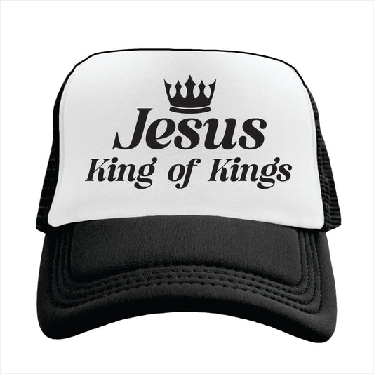 Black and white trucker hat cap with 'Jesus King of Kings' text and crown symbol on a white background