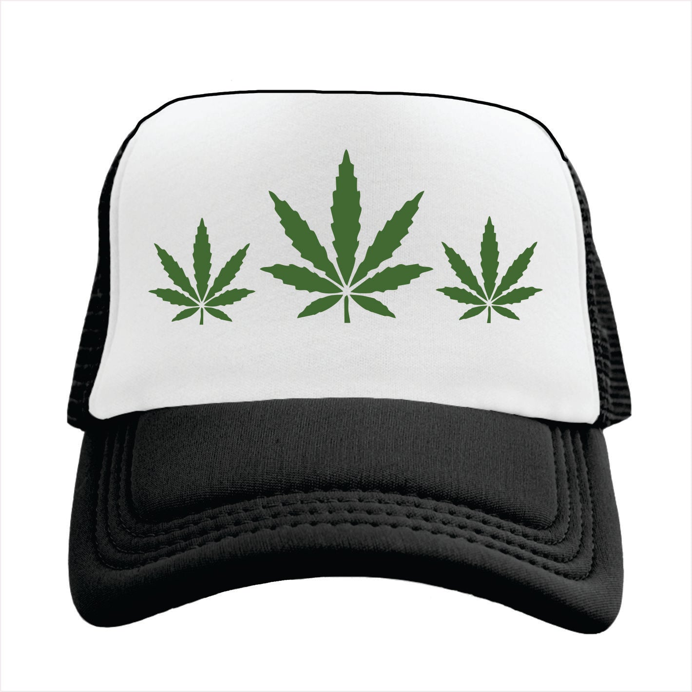 Black and white trucker hat cap with green cannabis leaves on a white background