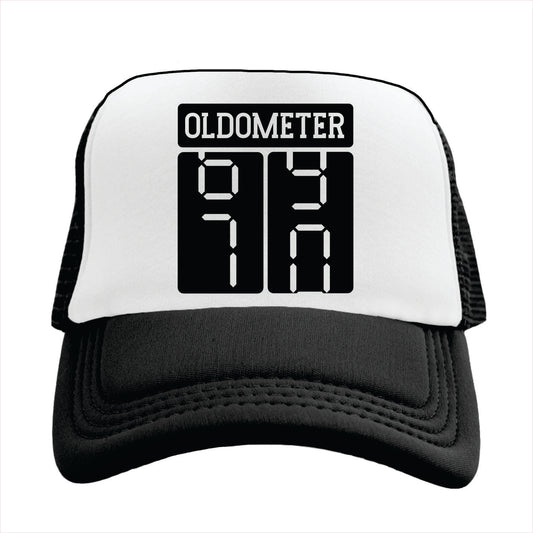Black and white trucker hat cap with 'OLDOMETER' text on a white background