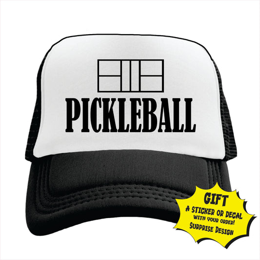 black and white trucker hat cap with 'PICKLEBALL' text on the front.
